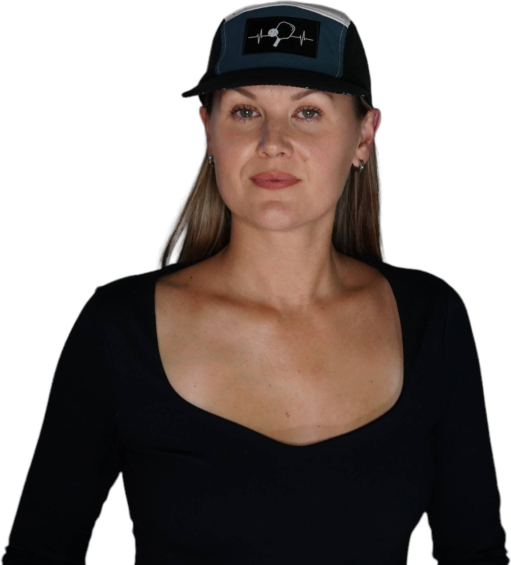 Pickleball Hat - 5 Panel - Black / Slate Green / White - Laser Mesh