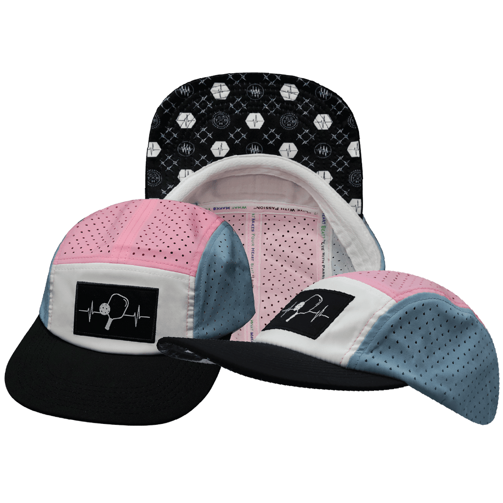 Pickleball Hat - 5 Panel - Black / White / Pink / Light Blue - Laser Mesh