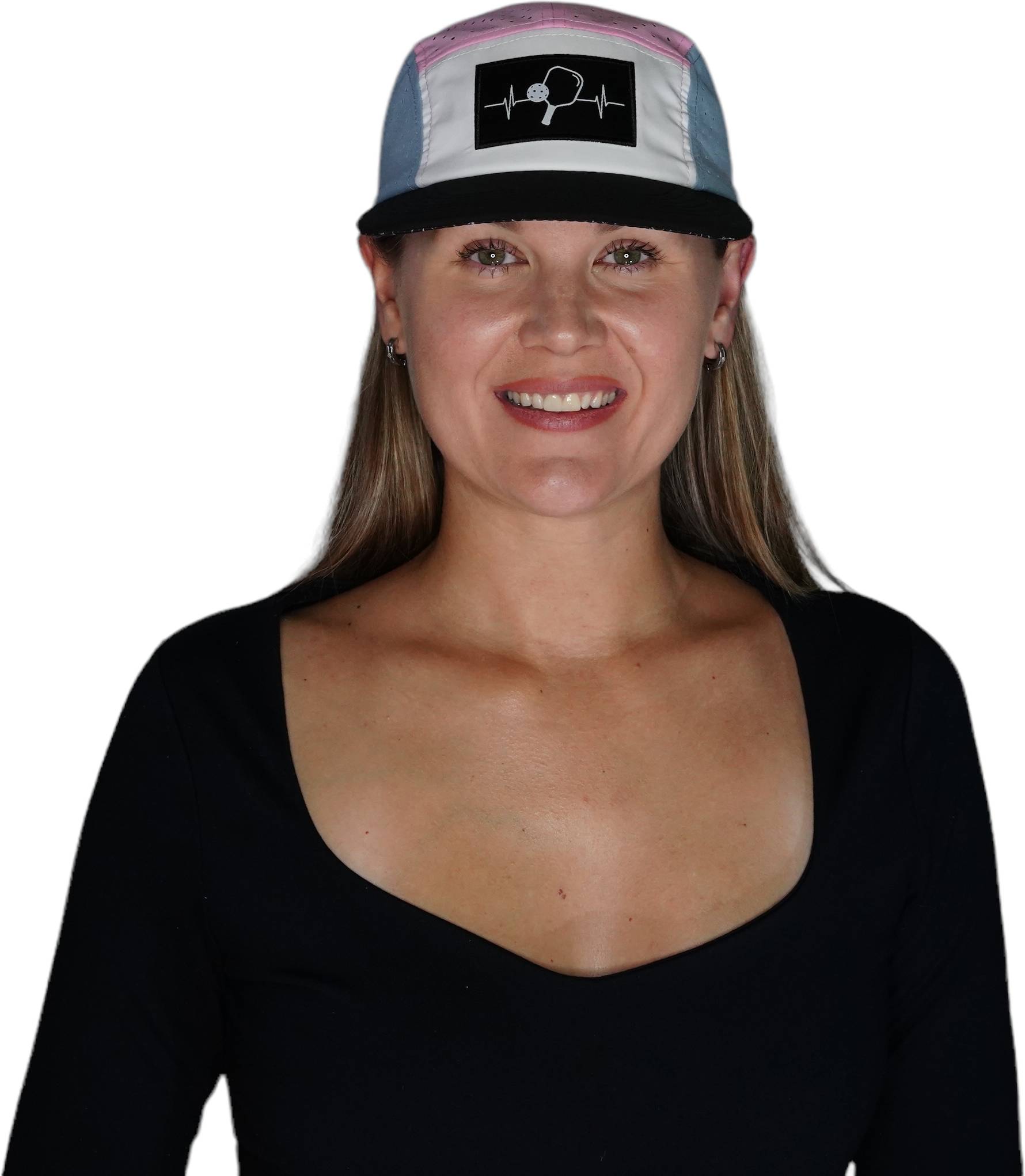 Pickleball Hat - 5 Panel - Black / White / Pink / Light Blue - Laser Mesh