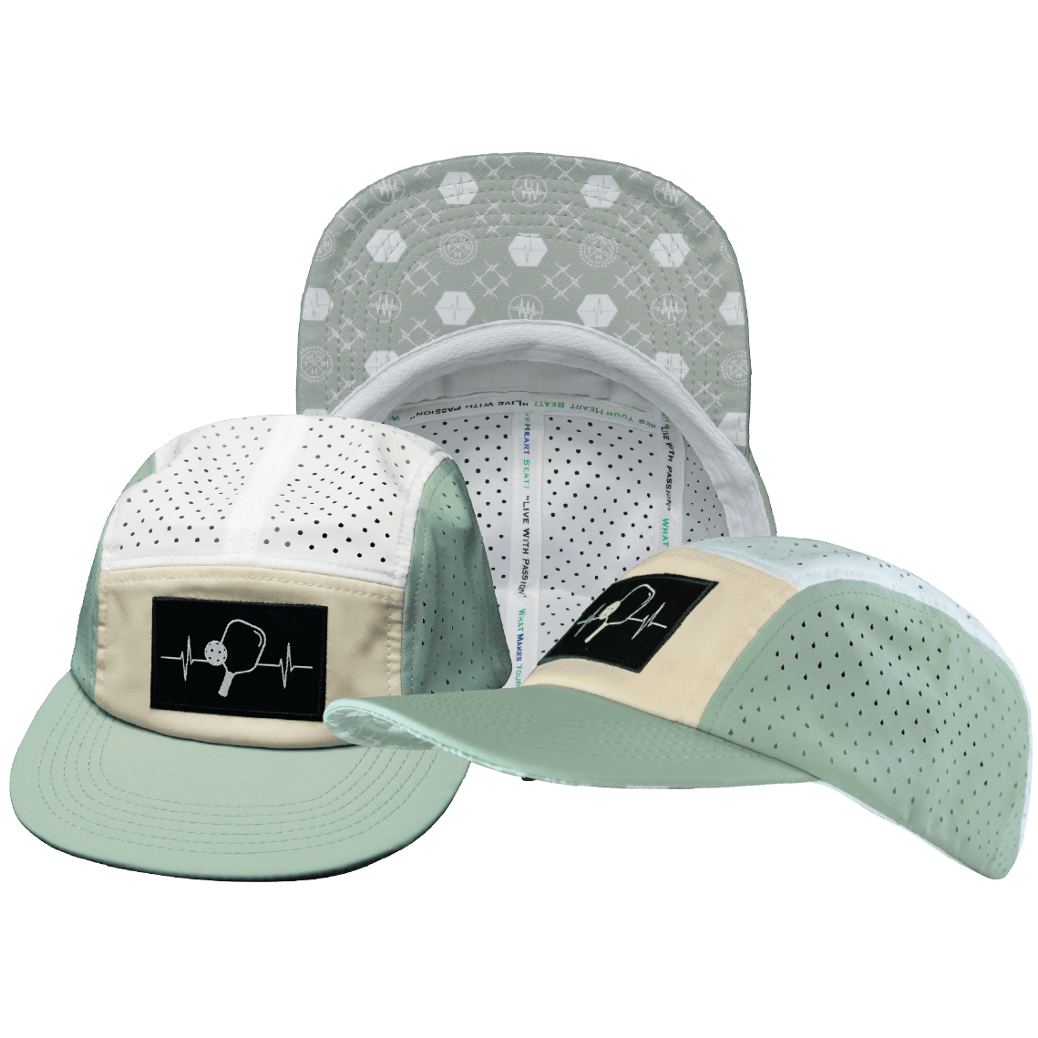 Pickleball Hat - 5 Panel - Sage / Cream / White - Laser Mesh