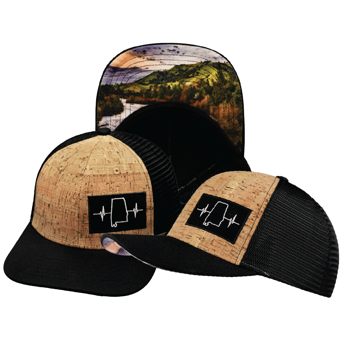 Alabama Hat - Baseball Hat Fit - Cork - Black - Trucker Mesh