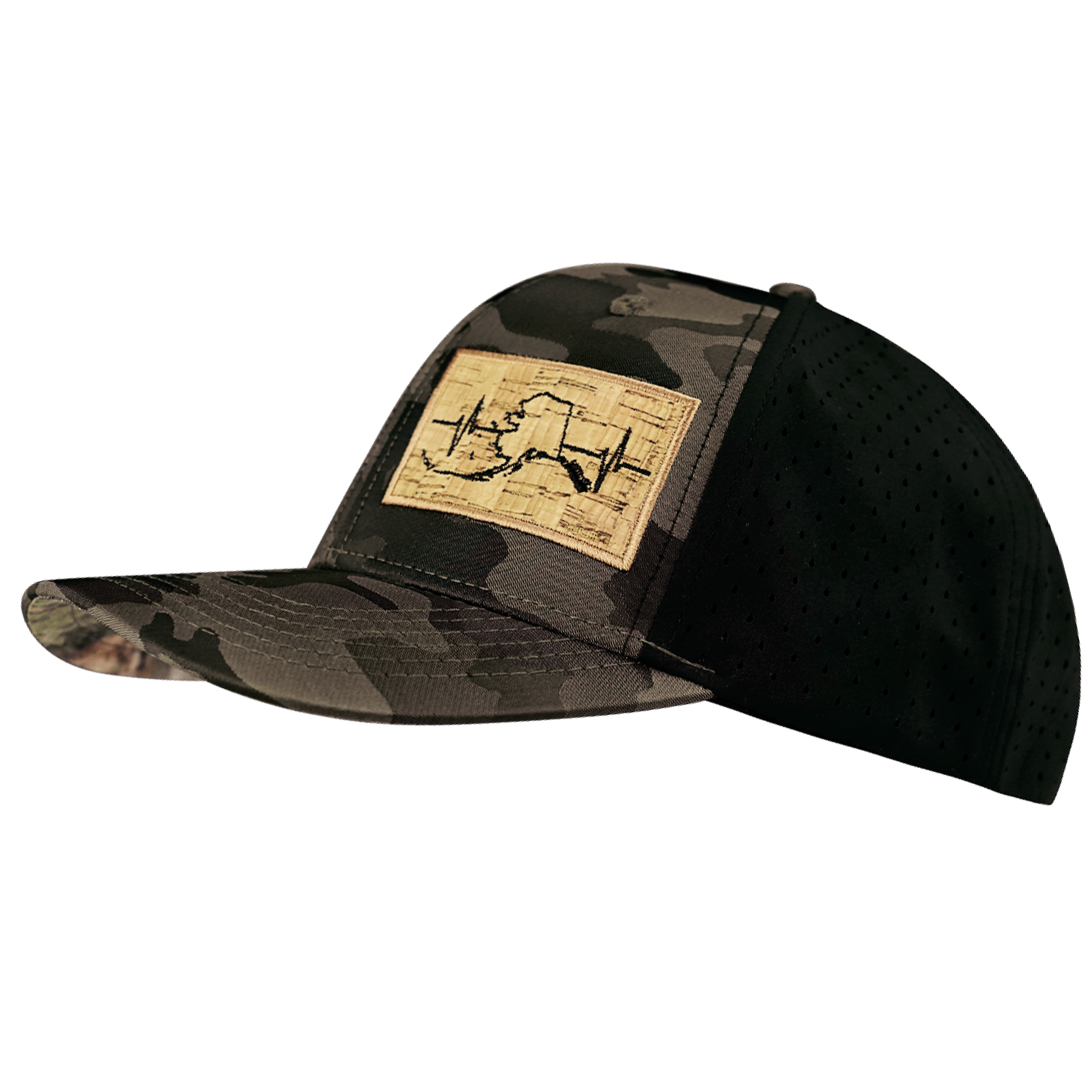 Alaska Hat - Baseball Hat Fit - Tan Camo / Black - Laser Mesh