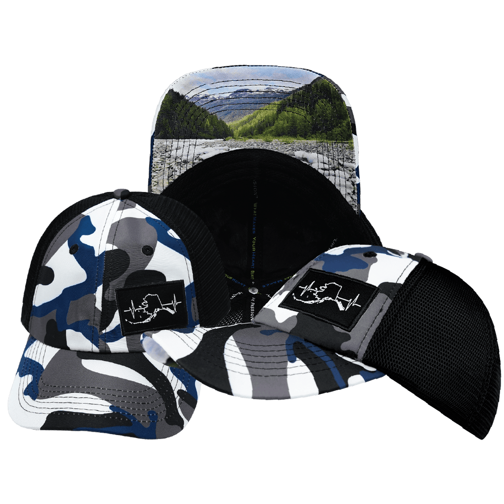 Alaska Hat - Dad Hat - Camo - White / Gray / Blue / Black - Soft Trucker Mesh