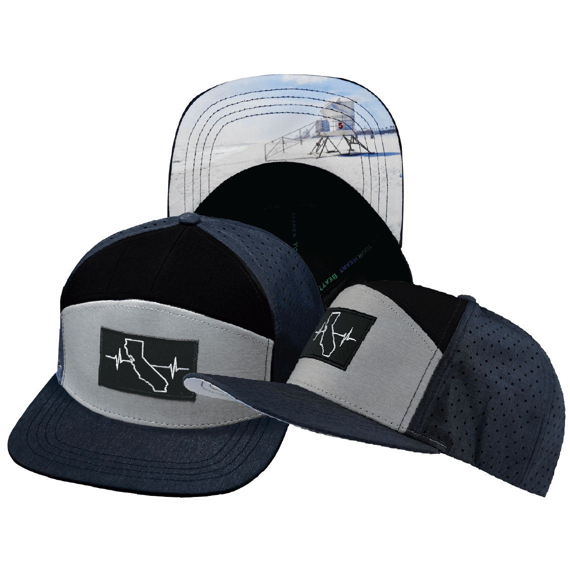 California Hat - Flat Bill - Navy / Gray / Black - Laser Mesh