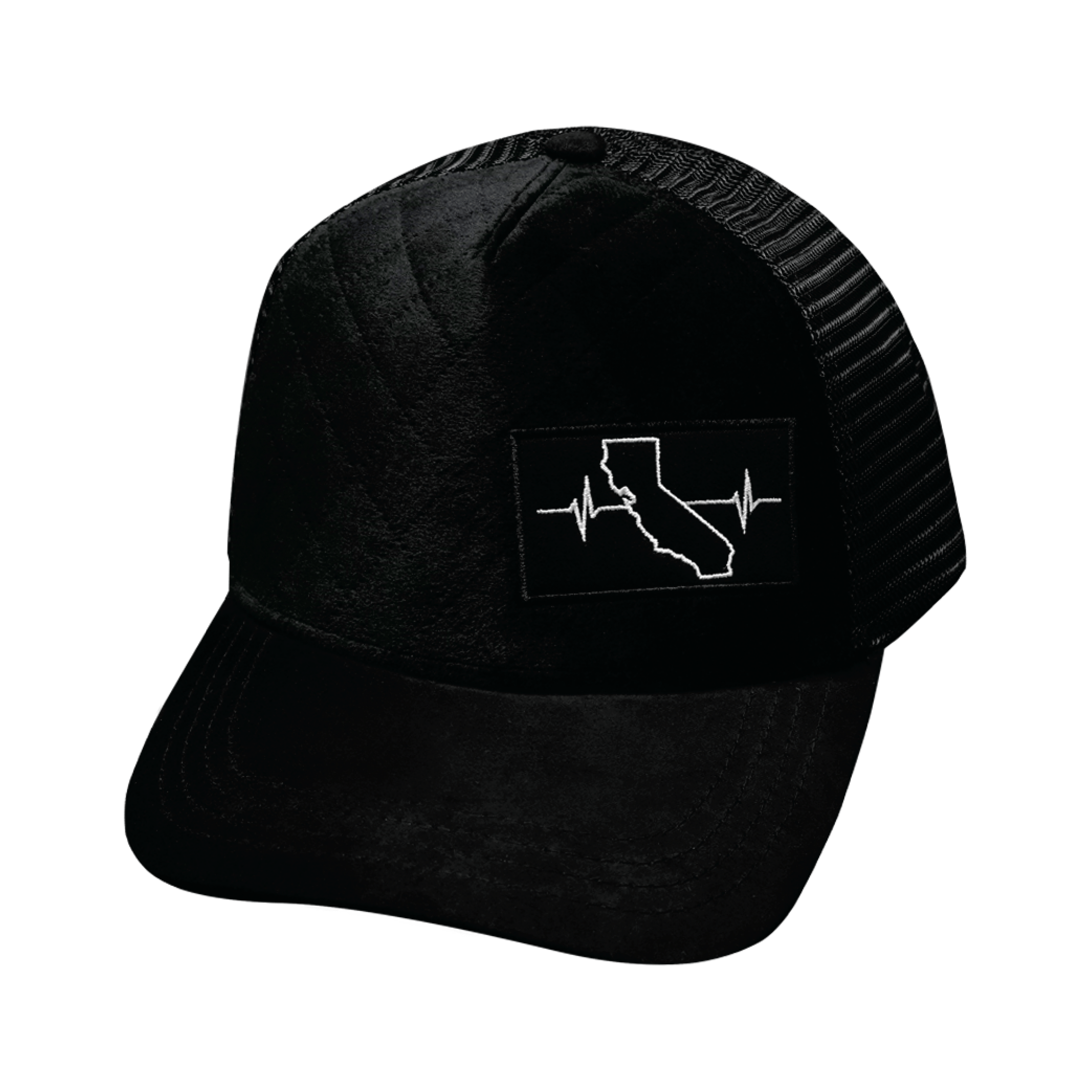 California Hat - Trucker Hat - Quilted Velvet - Black - Trucker Mesh