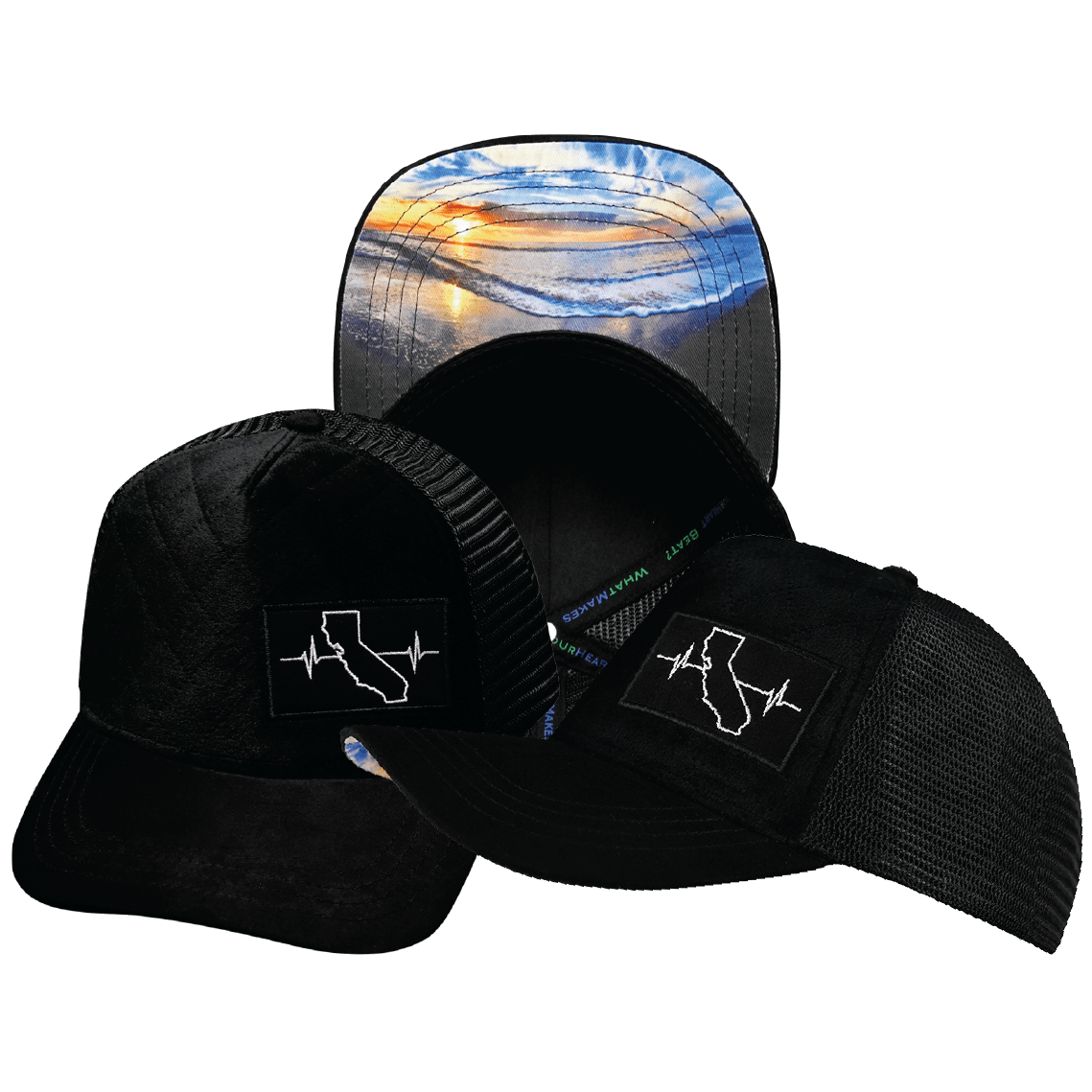 California Hat - Trucker Hat - Quilted Velvet - Black - Trucker Mesh