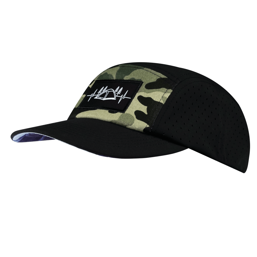 Camping Hat - 5 Panel - Black / Green Camo - Laser Mesh