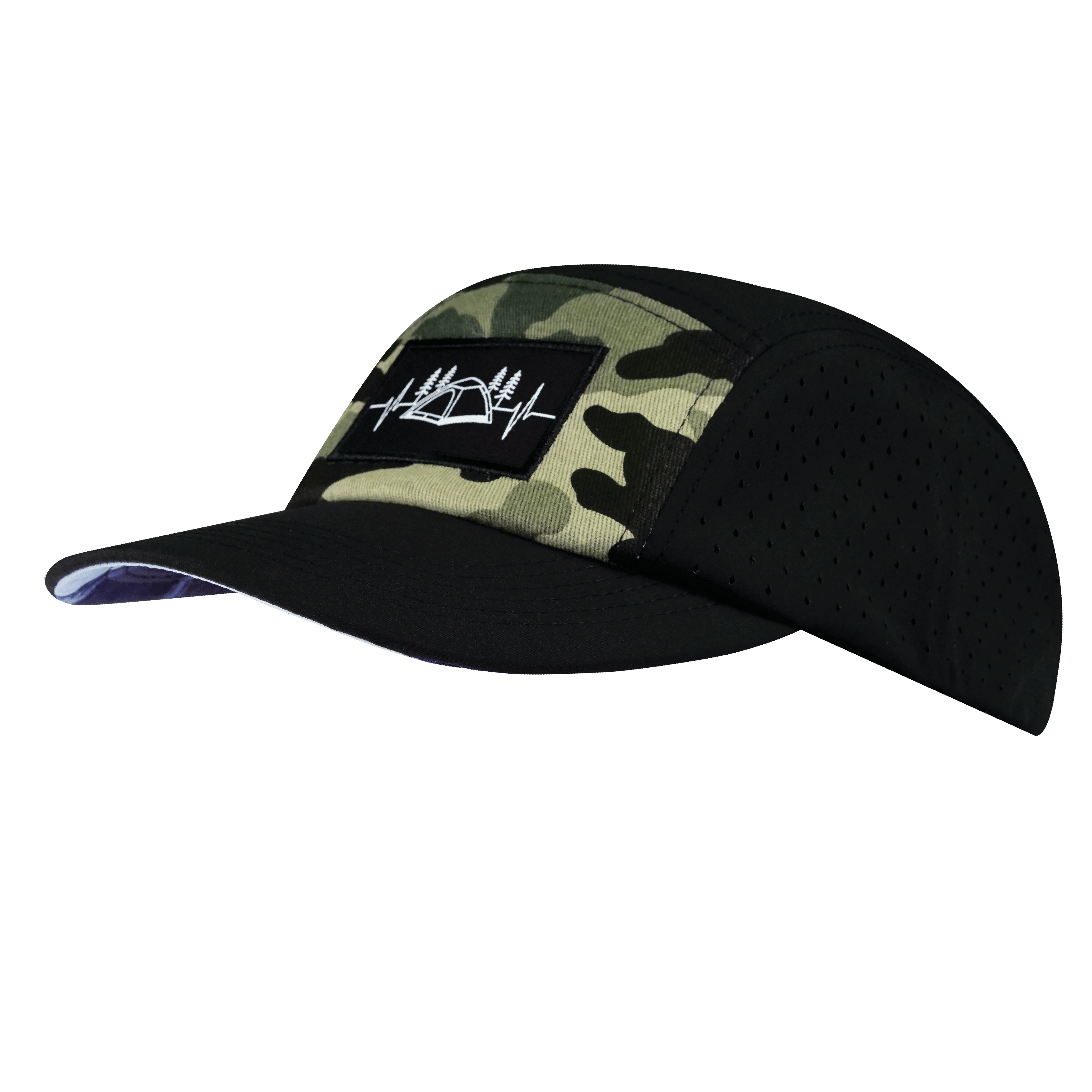 Camping Hat - 5 Panel - Black / Green Camo - Laser Mesh