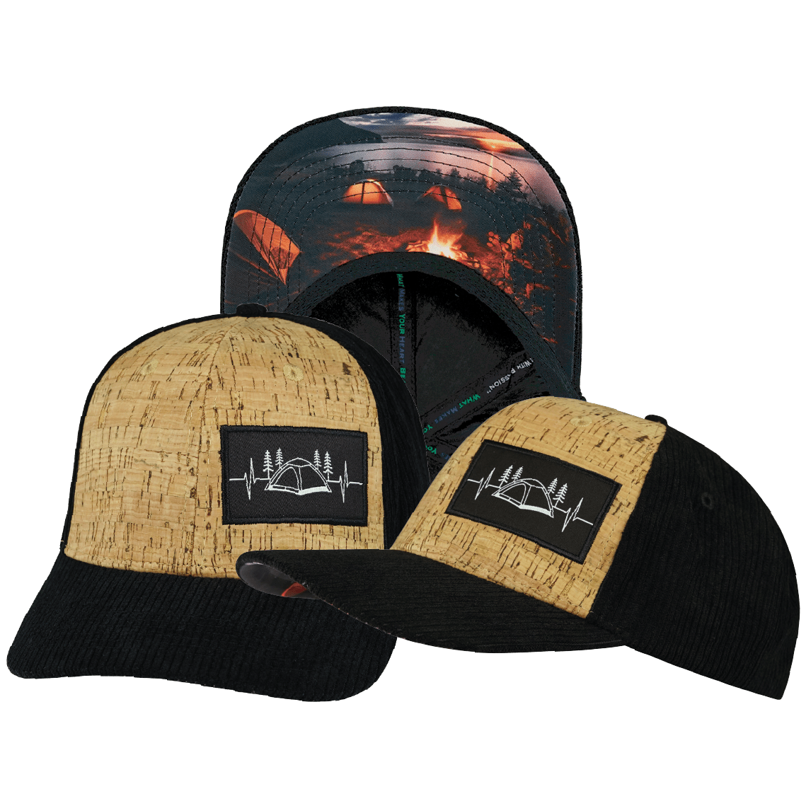 Camping Hat - Baseball Hat Fit - Cork - Corduroy - Black - Fabric Back