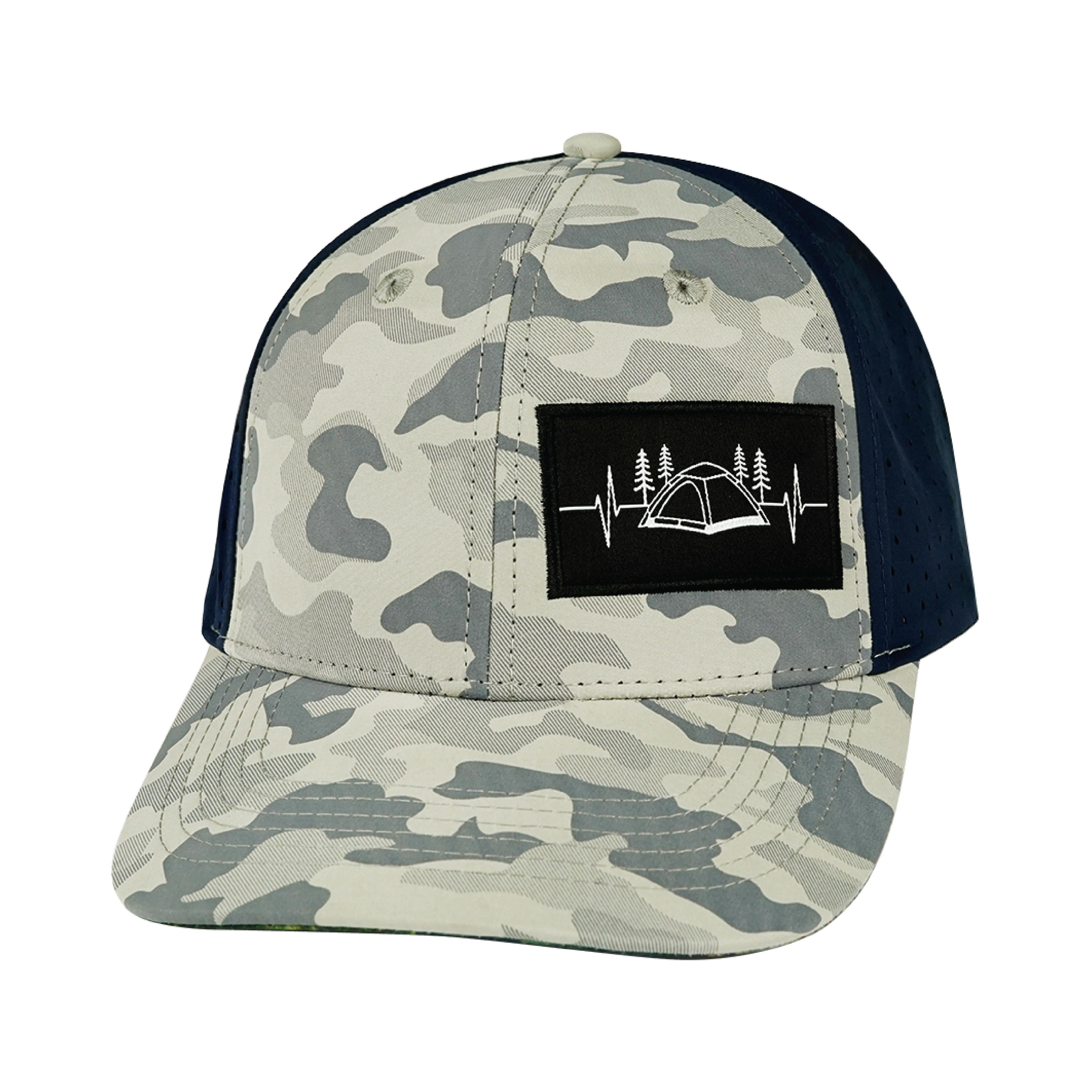 Camping Hat - Baseball Hat Fit - Soft Gray Camo / Navy - Laser Mesh