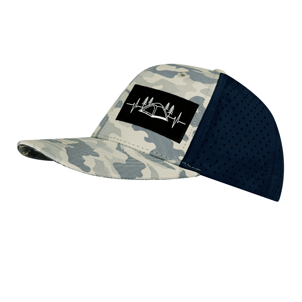 Camping Hat - Baseball Hat Fit - Soft Gray Camo / Navy - Laser Mesh