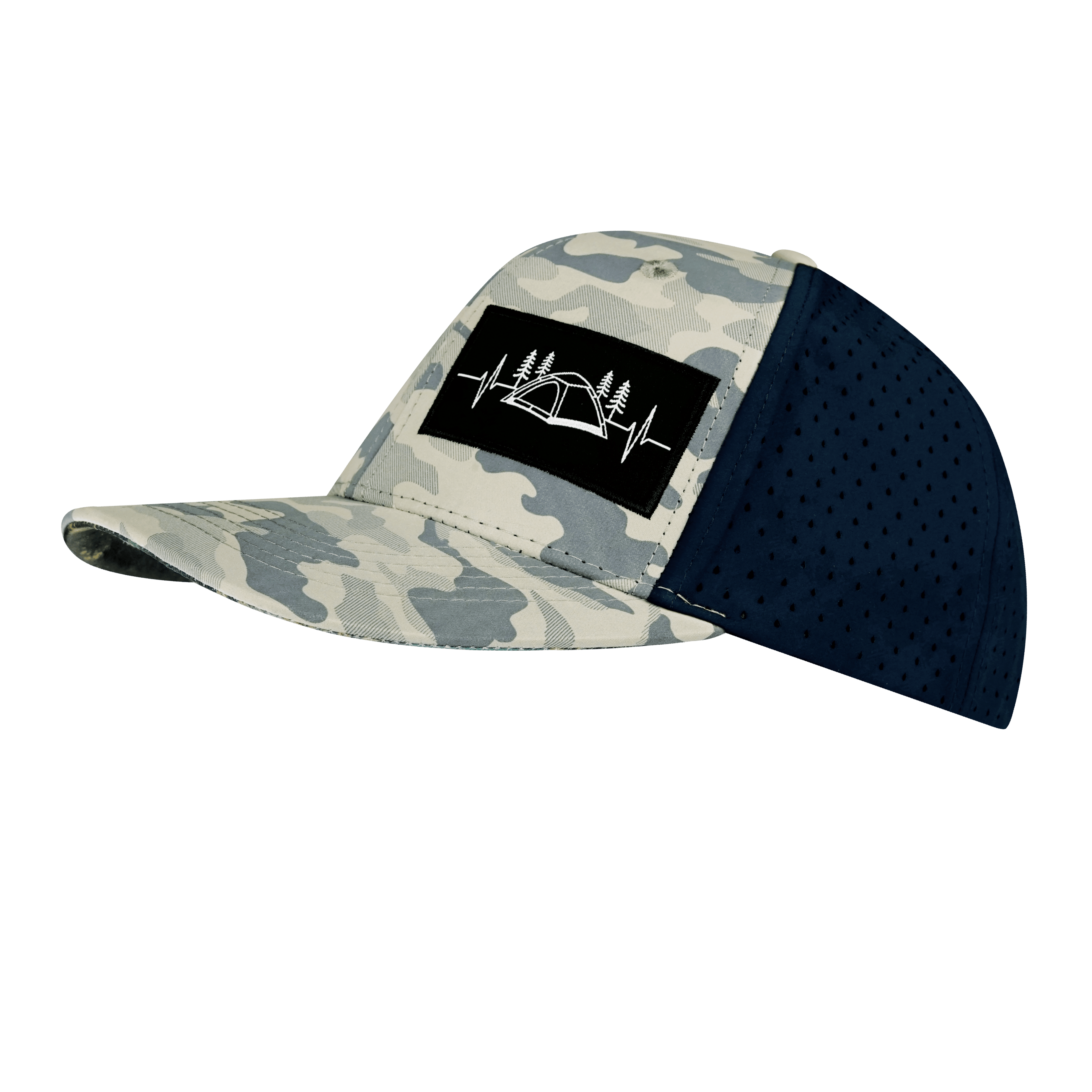 Camping Hat - Baseball Hat Fit - Soft Gray Camo / Navy - Laser Mesh