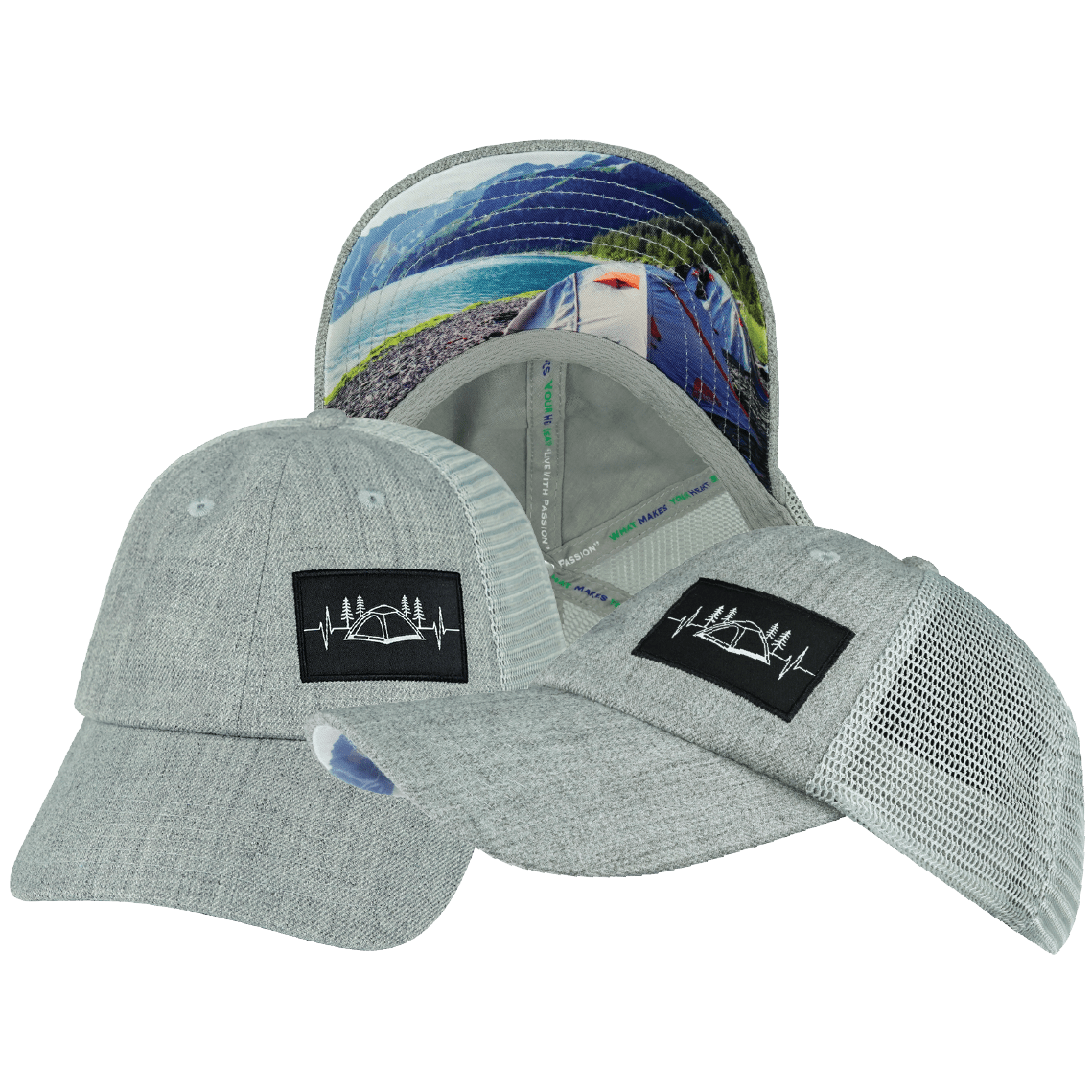 Camping Hat - Low Profile - Dad Hat - Heather Gray / Gray - Soft Trucker Mesh