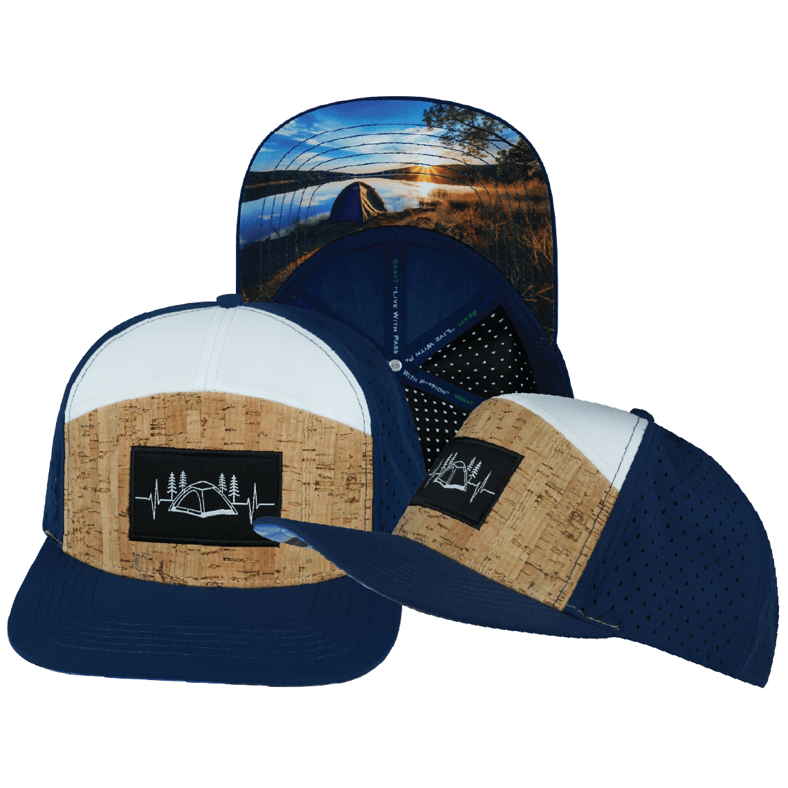 Camping Hat - Flat Bill - Cork - Navy / White - Laser Mesh