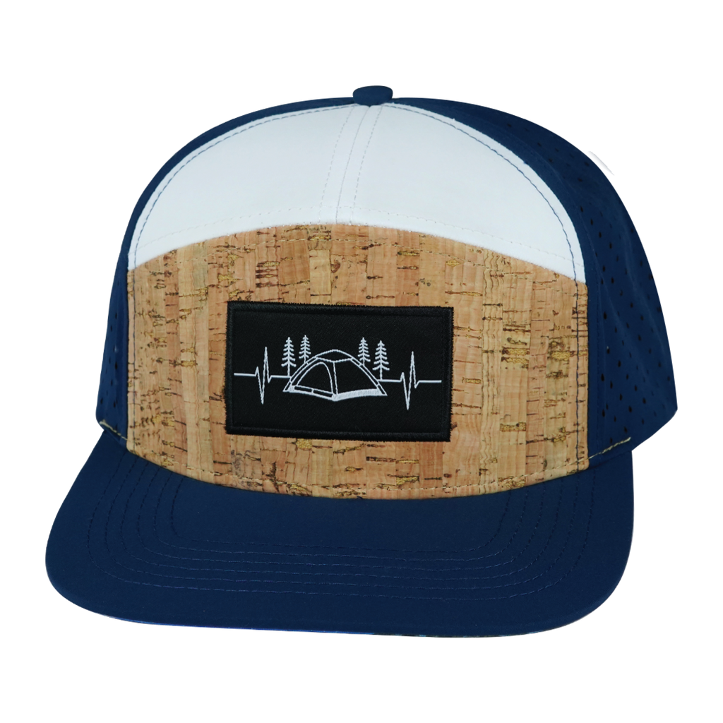 Camping Hat - Flat Bill - Cork - Navy / White - Laser Mesh
