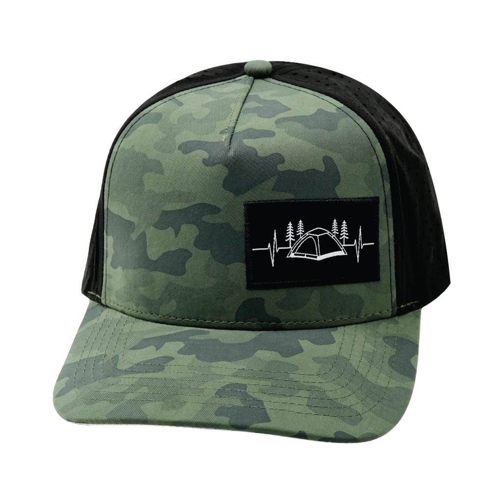 Camping Hat - Trucker Hat - Soft Teal Camo / Black - Laser Mesh