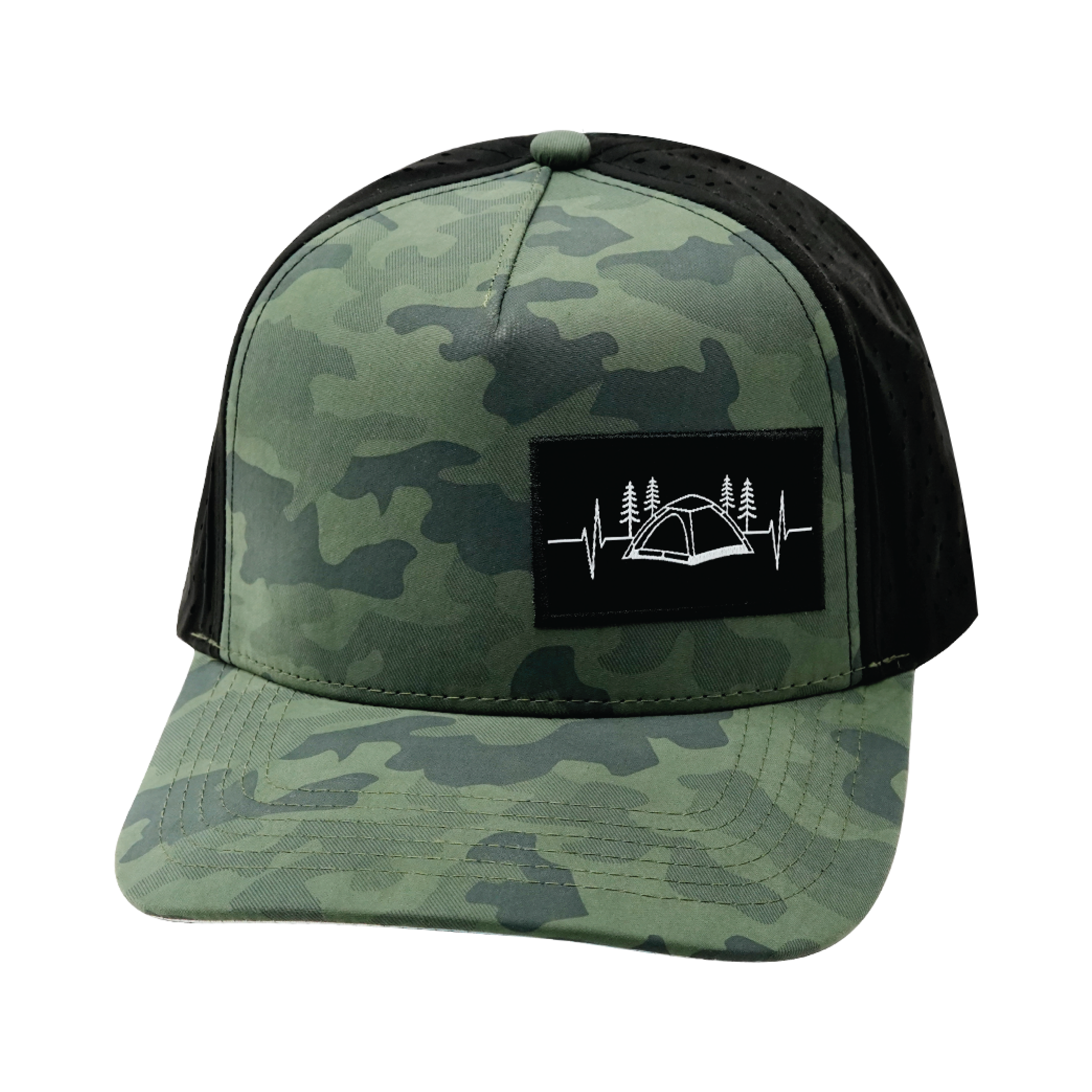 Camping Hat - Trucker Hat - Soft Teal Camo / Black - Laser Mesh