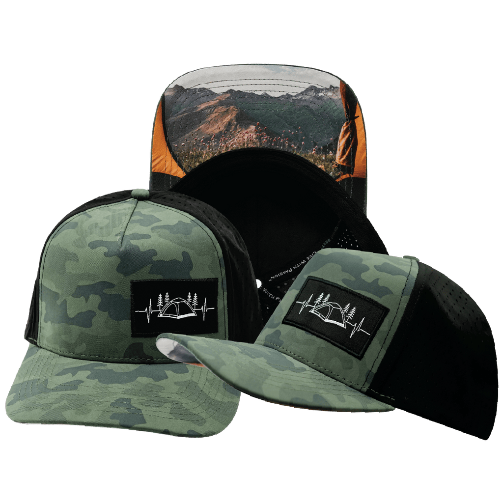 Camping Hat - Trucker Hat - Soft Teal Camo / Black - Laser Mesh