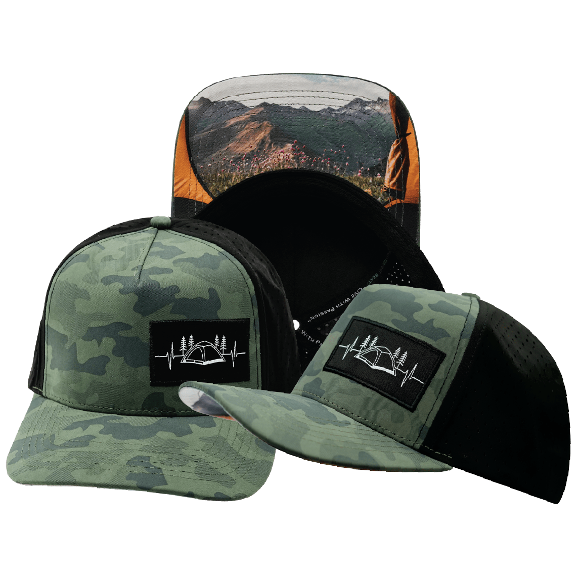 Camping Hat - Trucker Hat - Soft Teal Camo / Black - Laser Mesh