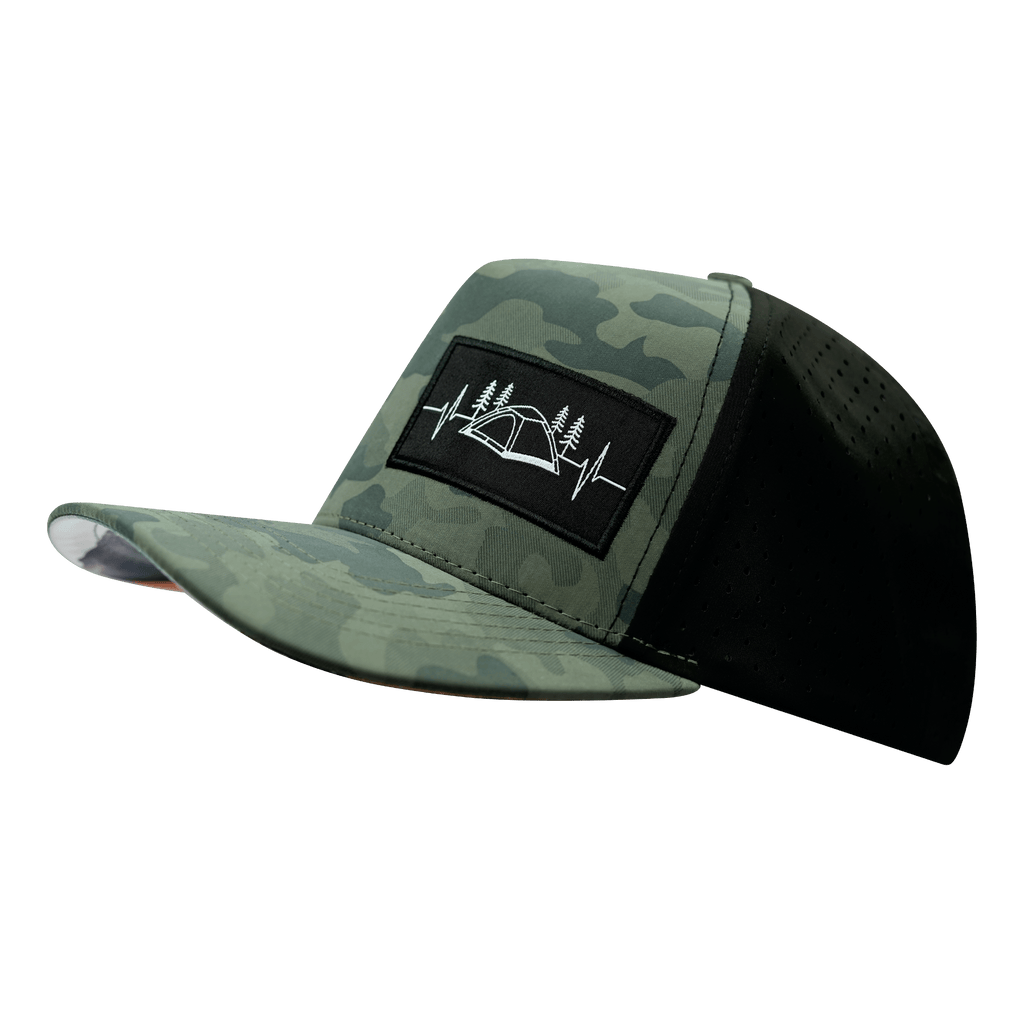 Camping Hat - Trucker Hat - Soft Teal Camo / Black - Laser Mesh