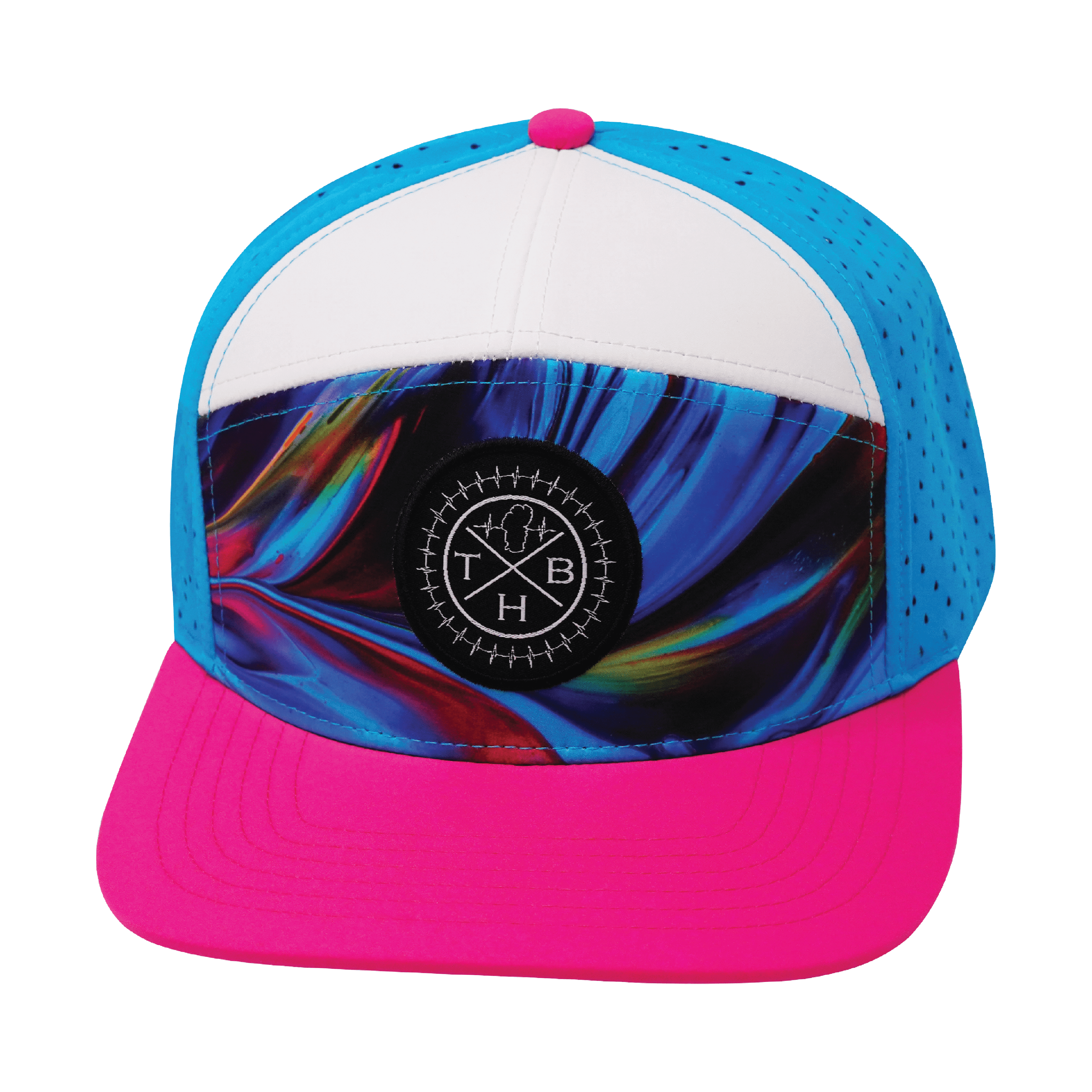 **ADULT** Color Vibes Hat - Flat Bill - Feather Glow - Neon Pink / White / Neon Blue - Laser Mesh