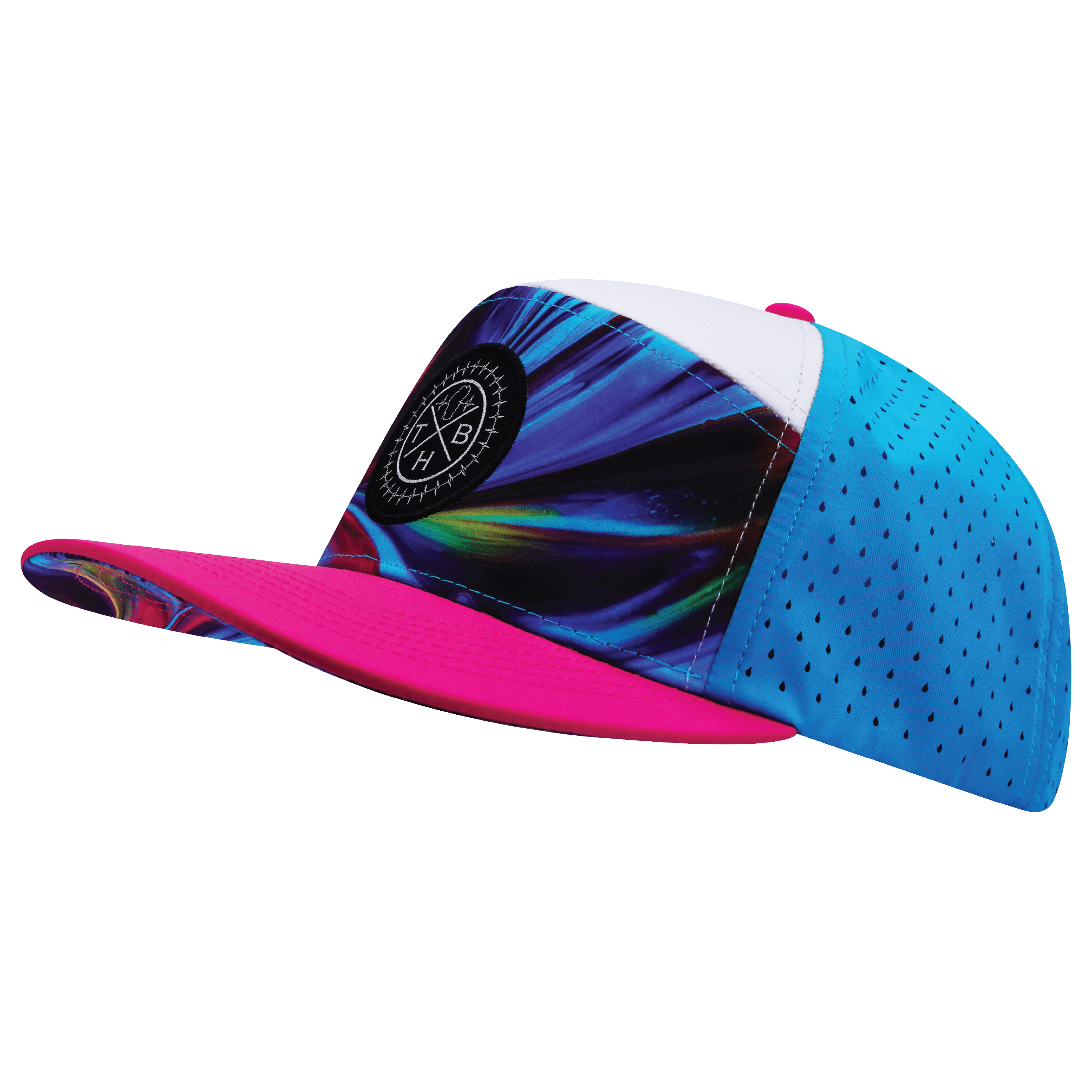 **ADULT** Color Vibes Hat - Flat Bill - Feather Glow - Neon Pink / White / Neon Blue - Laser Mesh