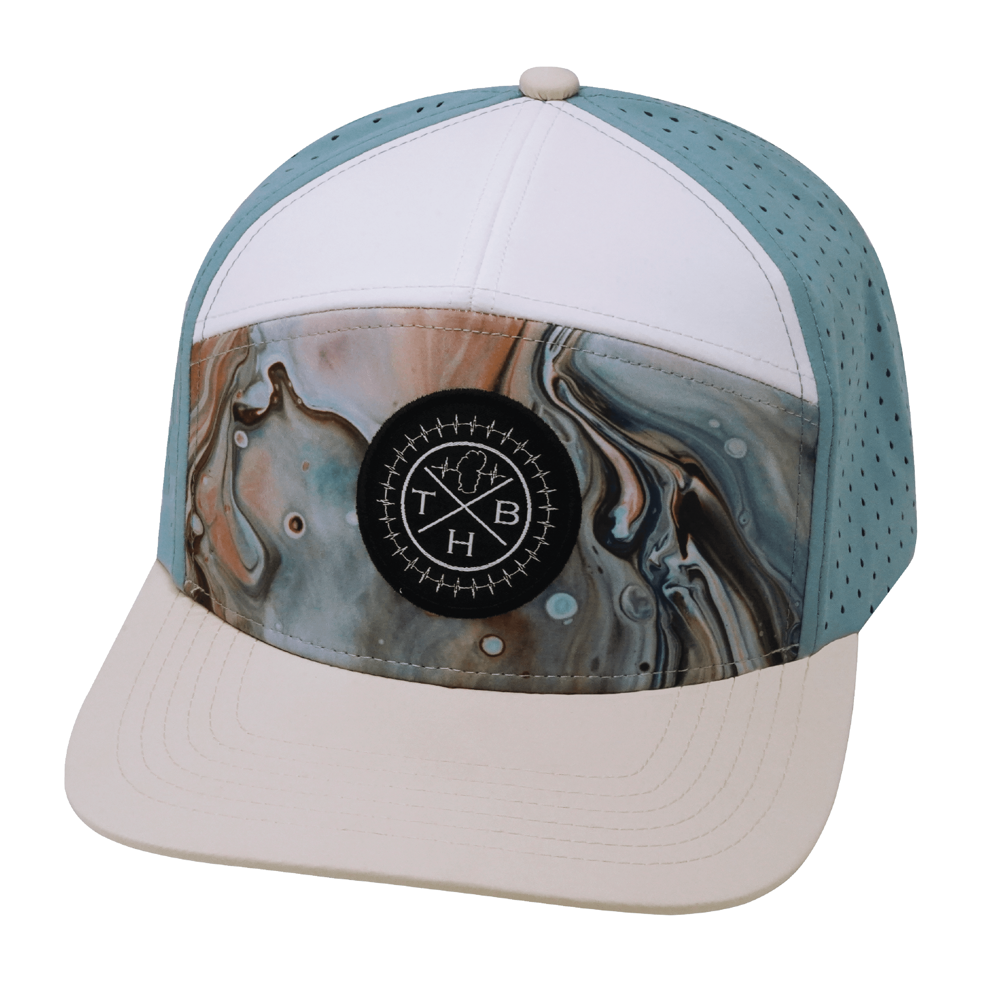 **ADULT** Color Vibes Hat - Flat Bill - Marble Earth - Cream / White / Light Blue - Laser Mesh