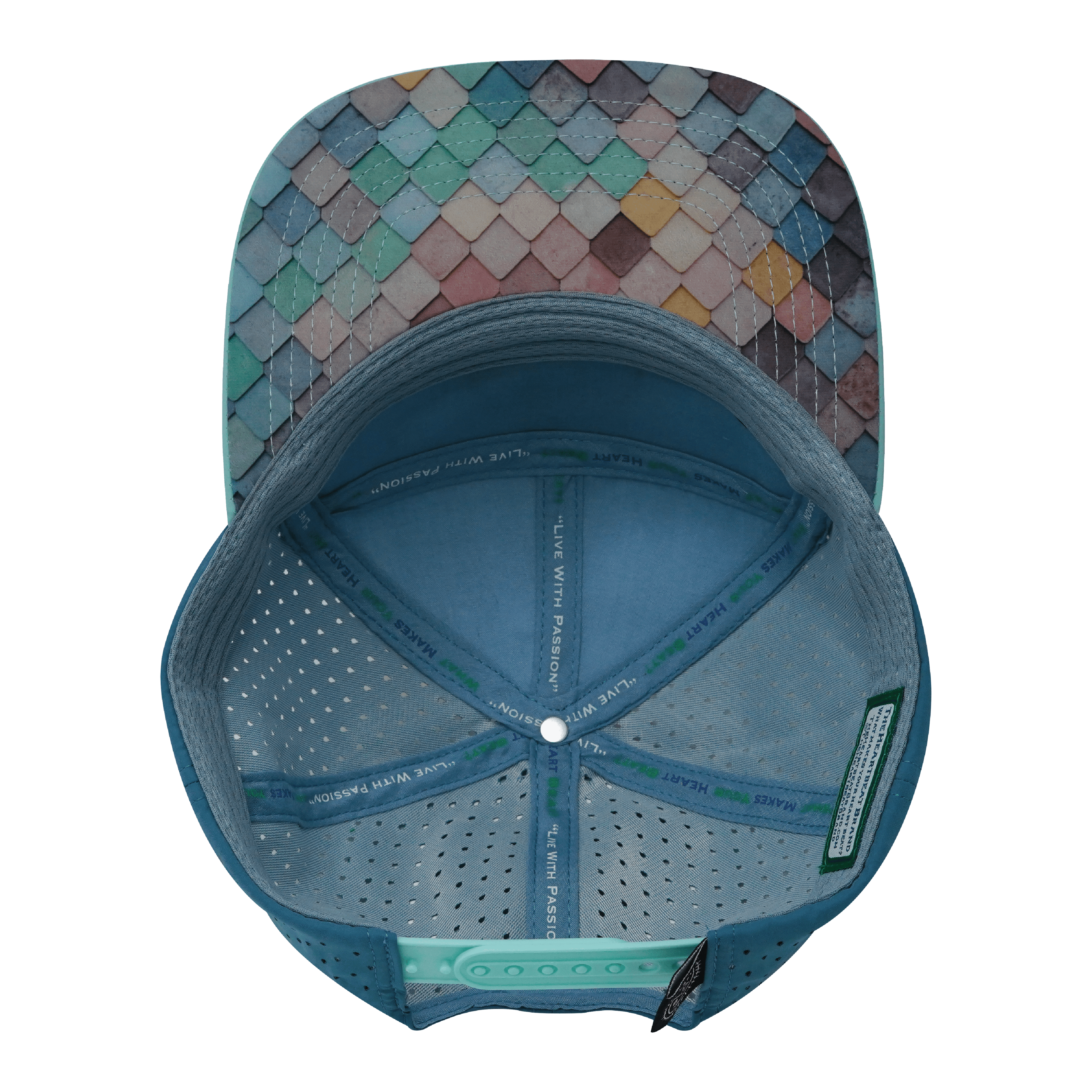 **ADULT** Color Vibes Hat - Flat Bill - Mosaic Scales - Mint / White / Slate Blue - Laser Mesh