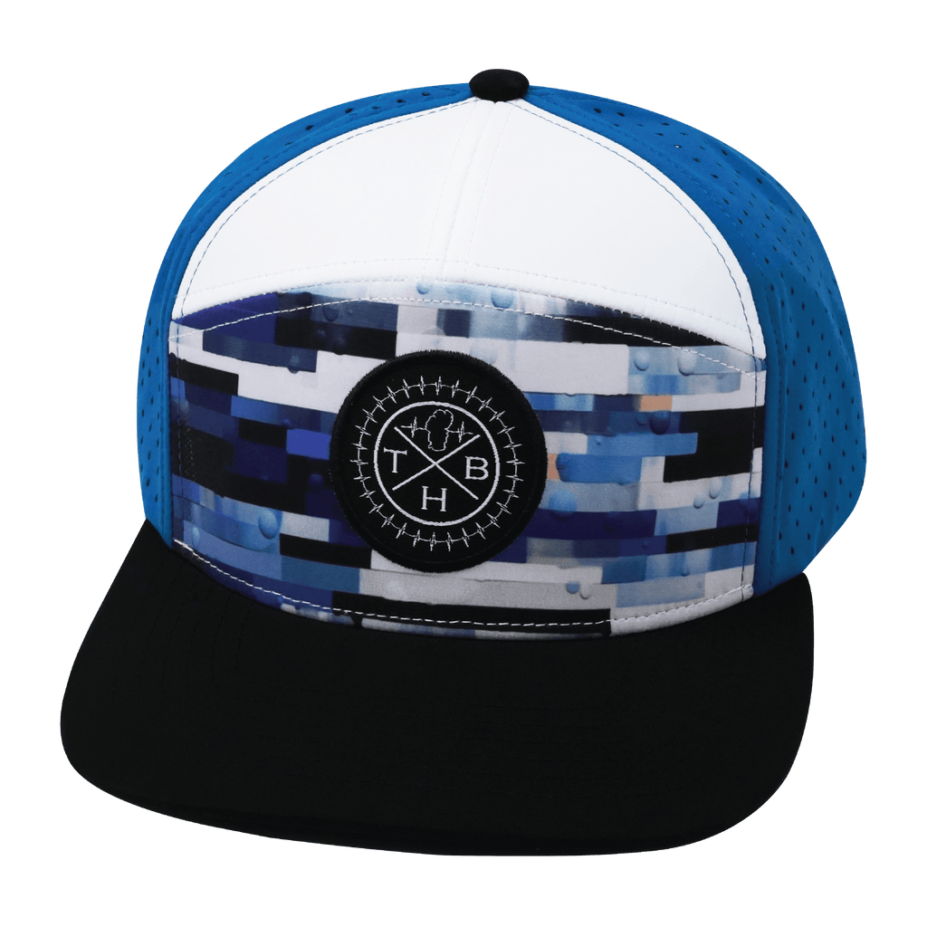 **ADULT** Color Vibes Hat - Flat Bill - Sky Blocks - Black / White / Blue - Laser Mesh