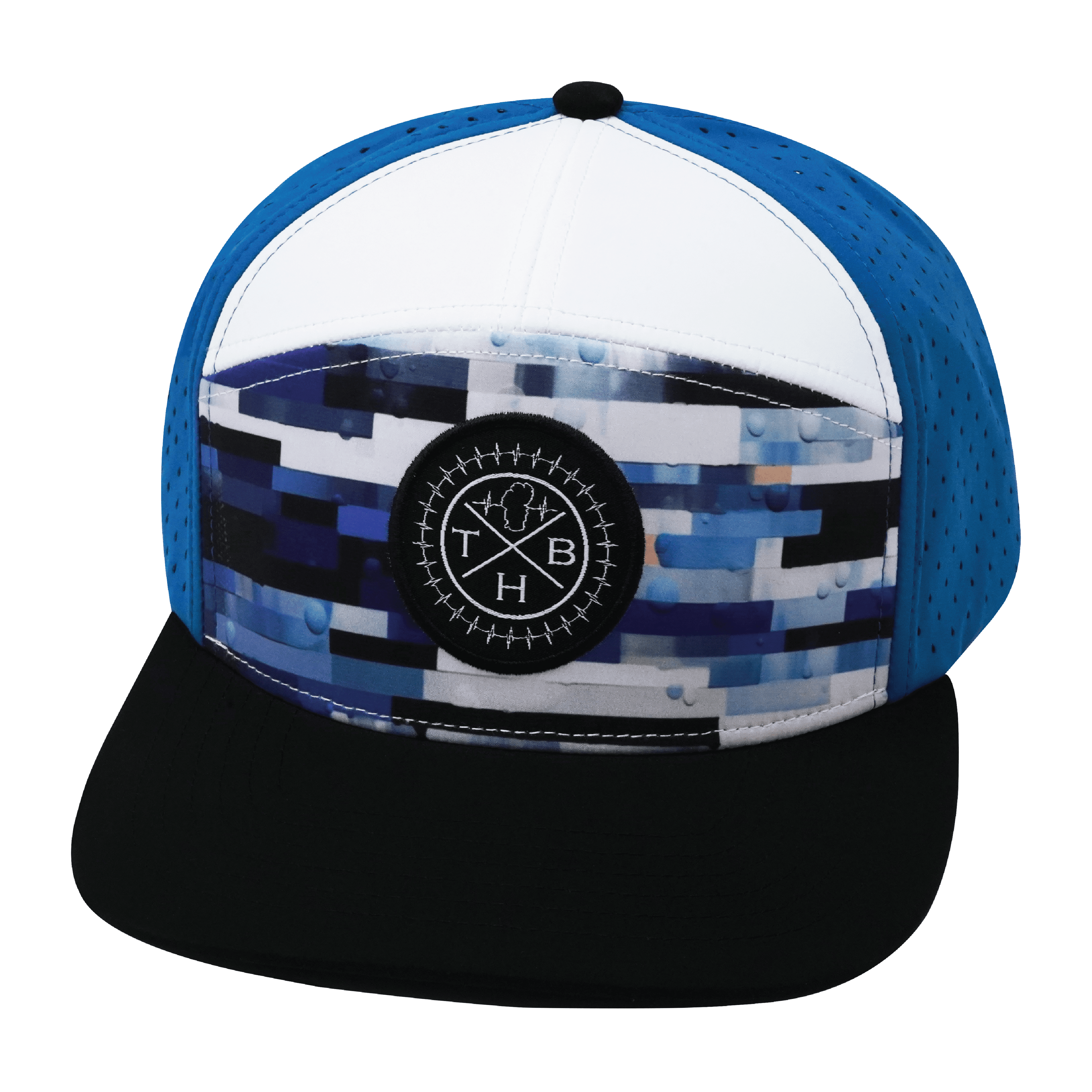 **ADULT** Color Vibes Hat - Flat Bill - Sky Blocks - Black / White / Blue - Laser Mesh