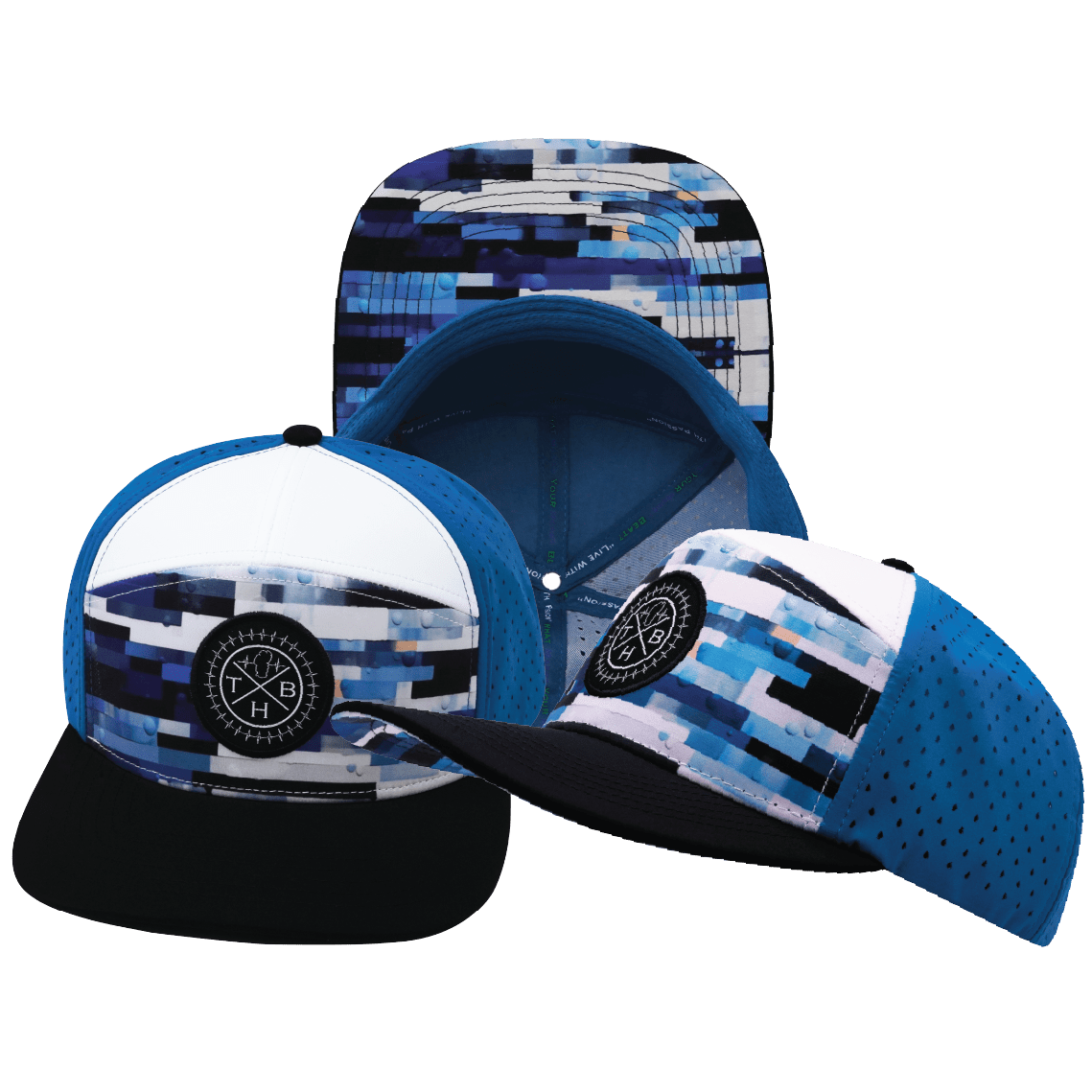 **ADULT** Color Vibes Hat - Flat Bill - Sky Blocks - Black / White / Blue - Laser Mesh