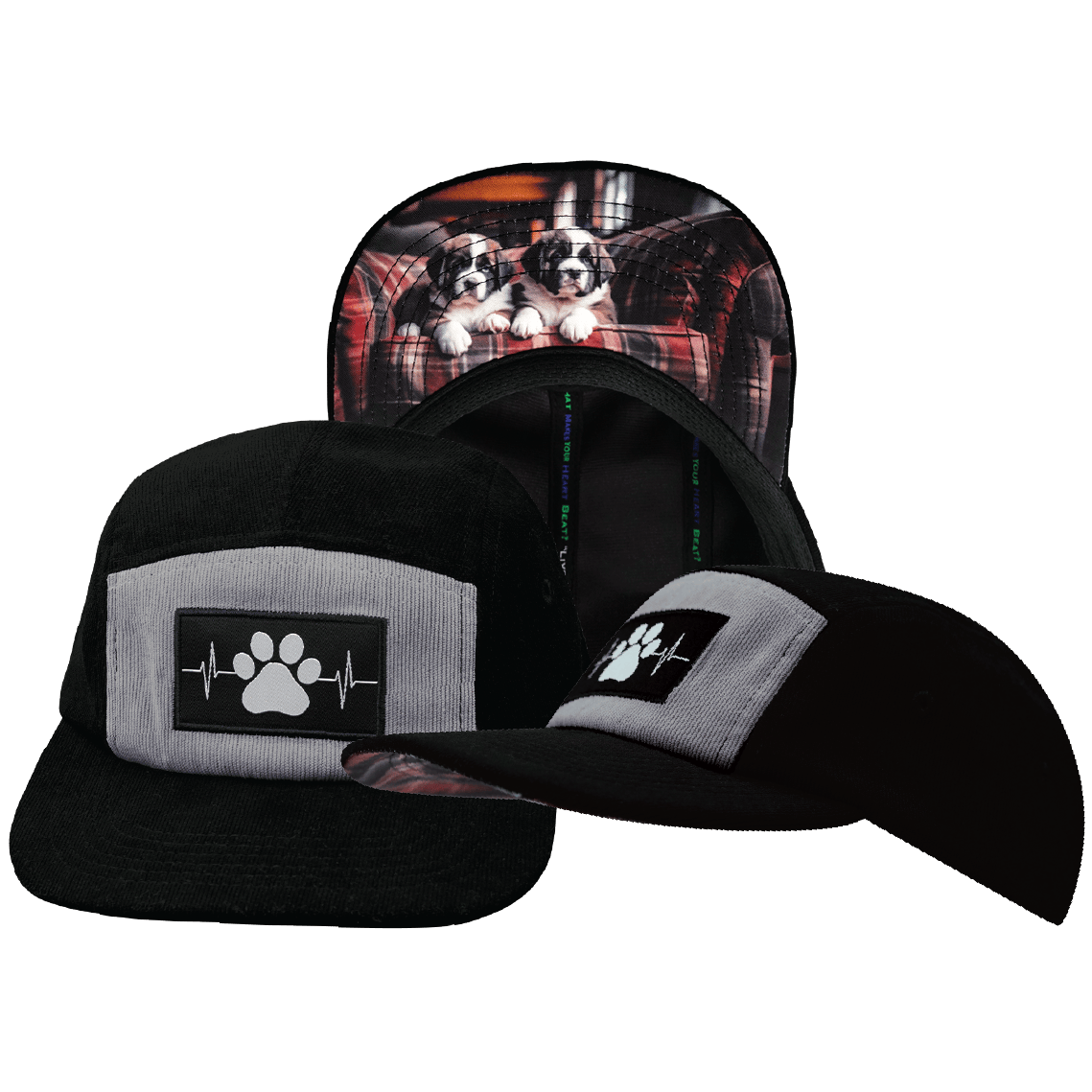 Dog Hat - 5 Panel - Corduroy - Black / Gray - Fabric Back
