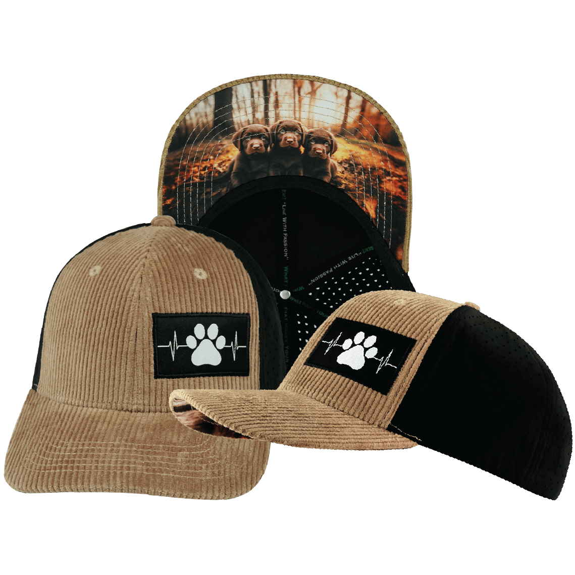 Dog Hat - Baseball Hat Fit - Corduroy - Tan / Black - Laser Mesh