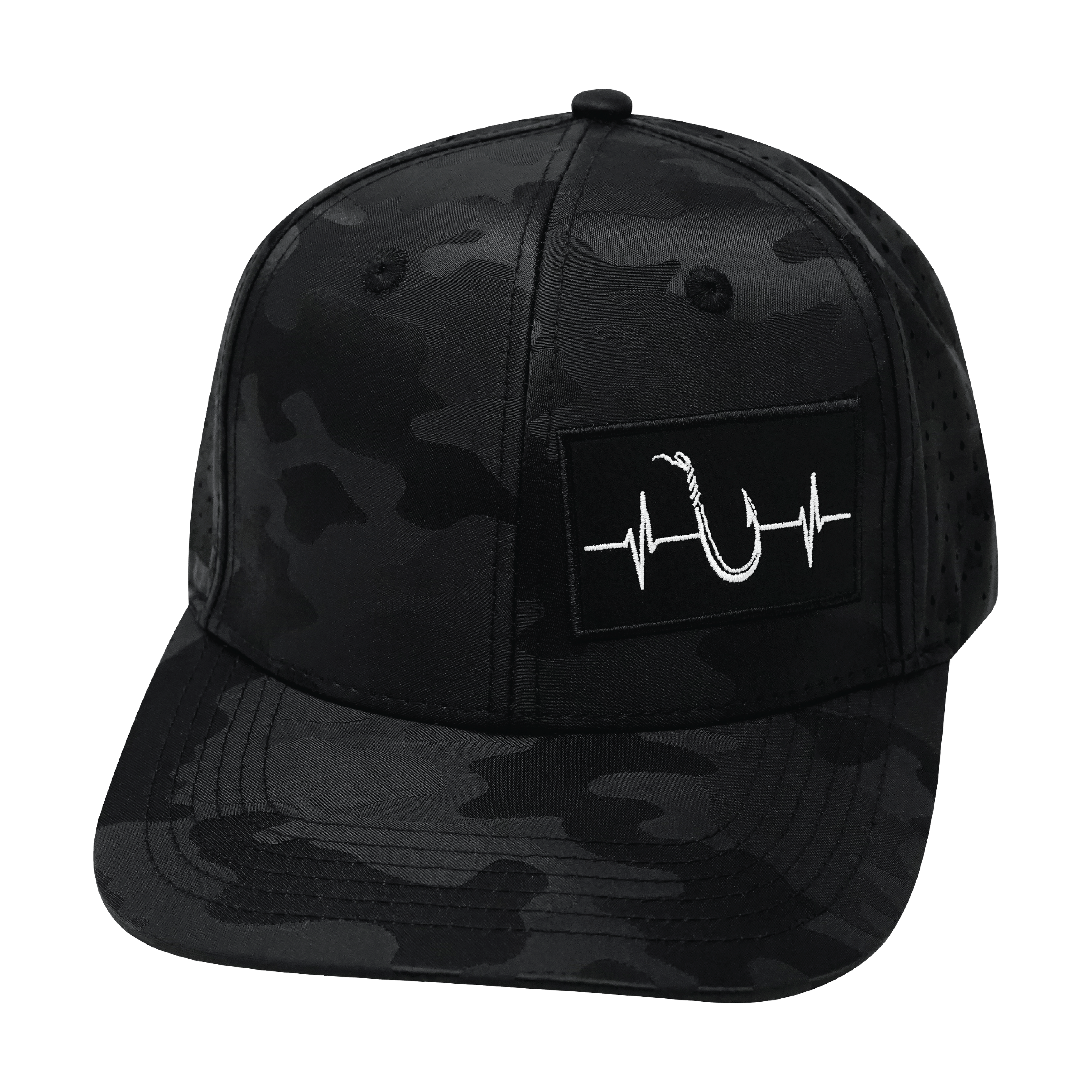 Fishing Hat - Baseball Hat Fit - Black Camo - Laser Mesh