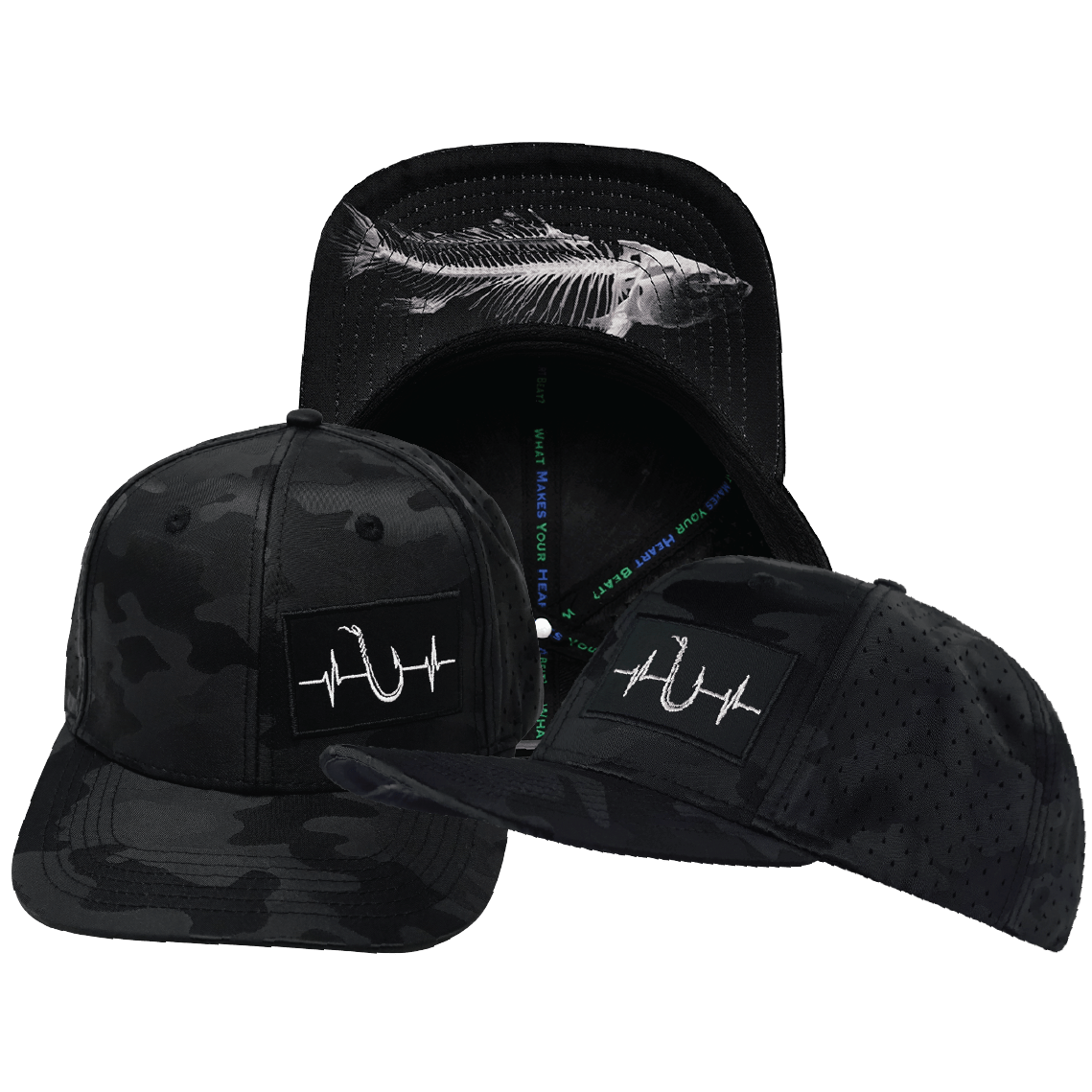 Fishing Hat - Baseball Hat Fit - Black Camo - Laser Mesh