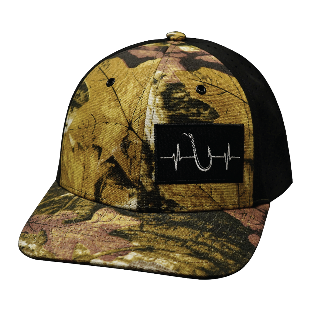 Fishing Hat - Baseball Hat Fit - Maple Leaf Camo / Black - Laser Mesh