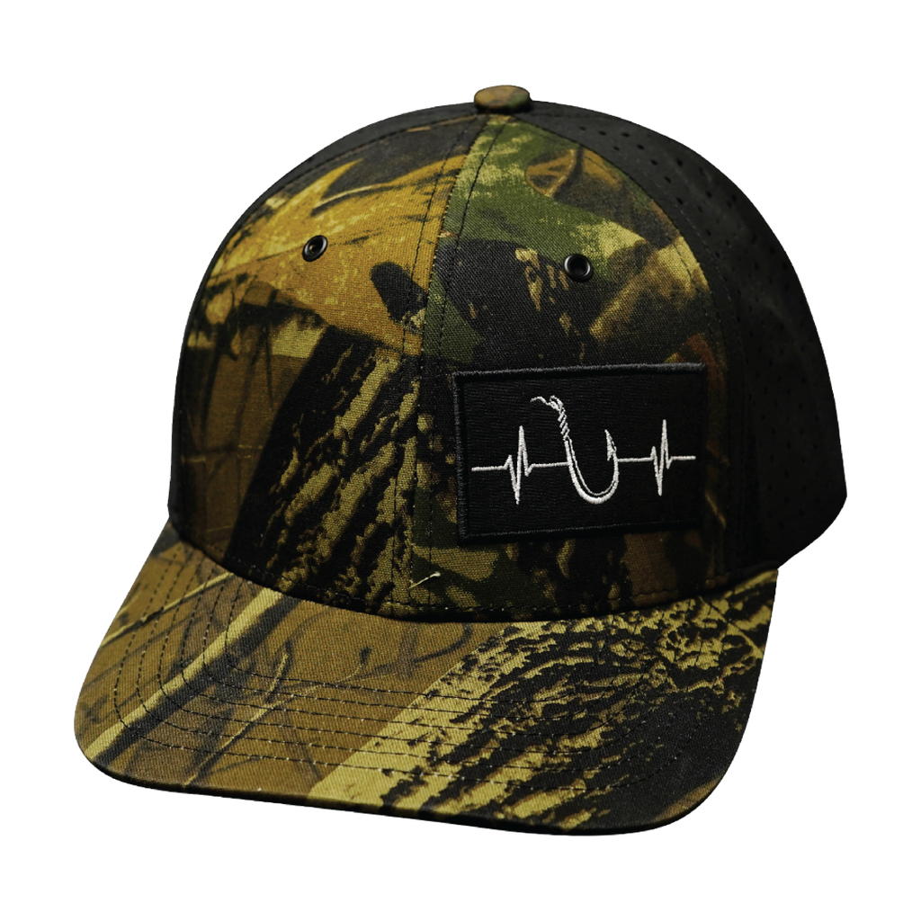 Fishing Hat - Baseball Hat Fit - Tan Tree Camo / Black - Laser Mesh