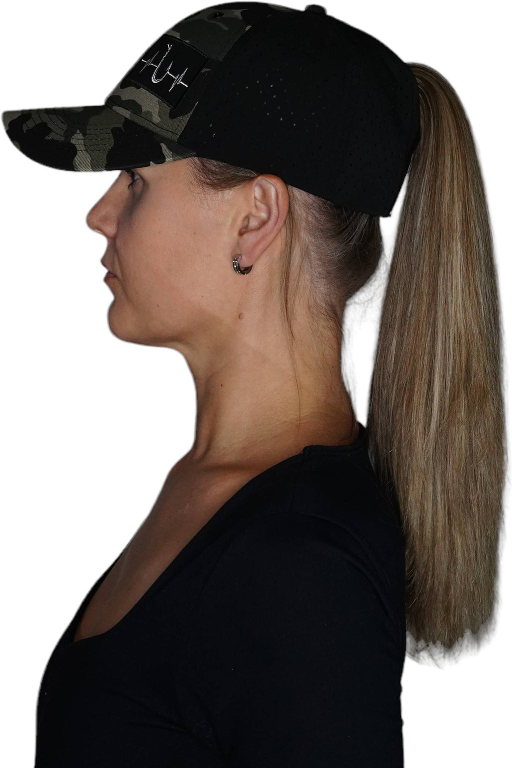 Fishing Hat - Low Profile - Ponytail - Light Camo / Black - Laser Mesh