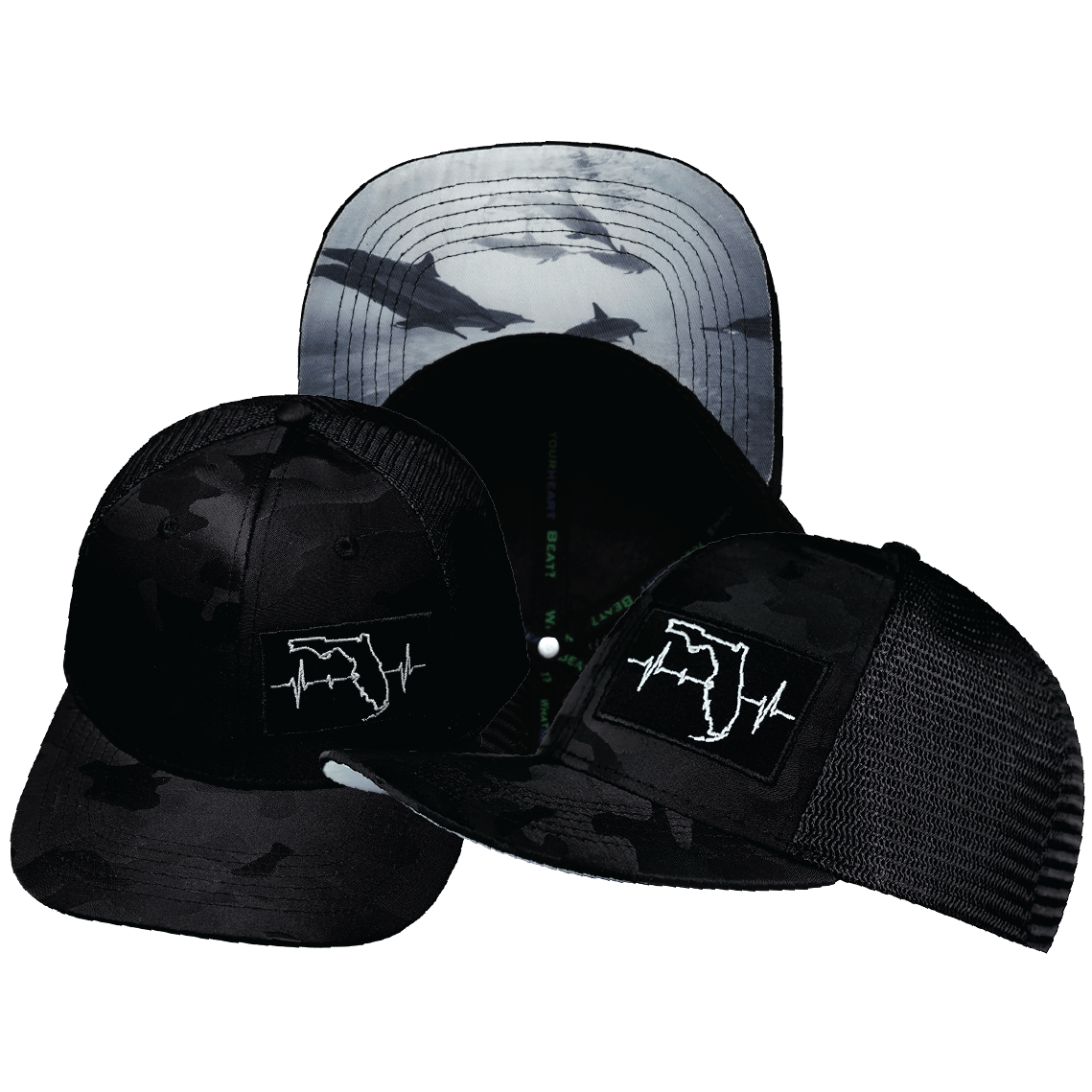 Florida Hat - Baseball Hat Fit - Black Camo / Black - Trucker Mesh