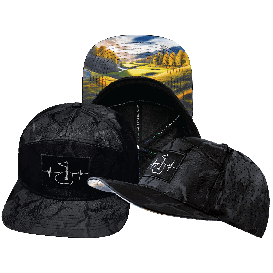 Golf Hat - Flat Bill - Black Camo - Laser Mesh