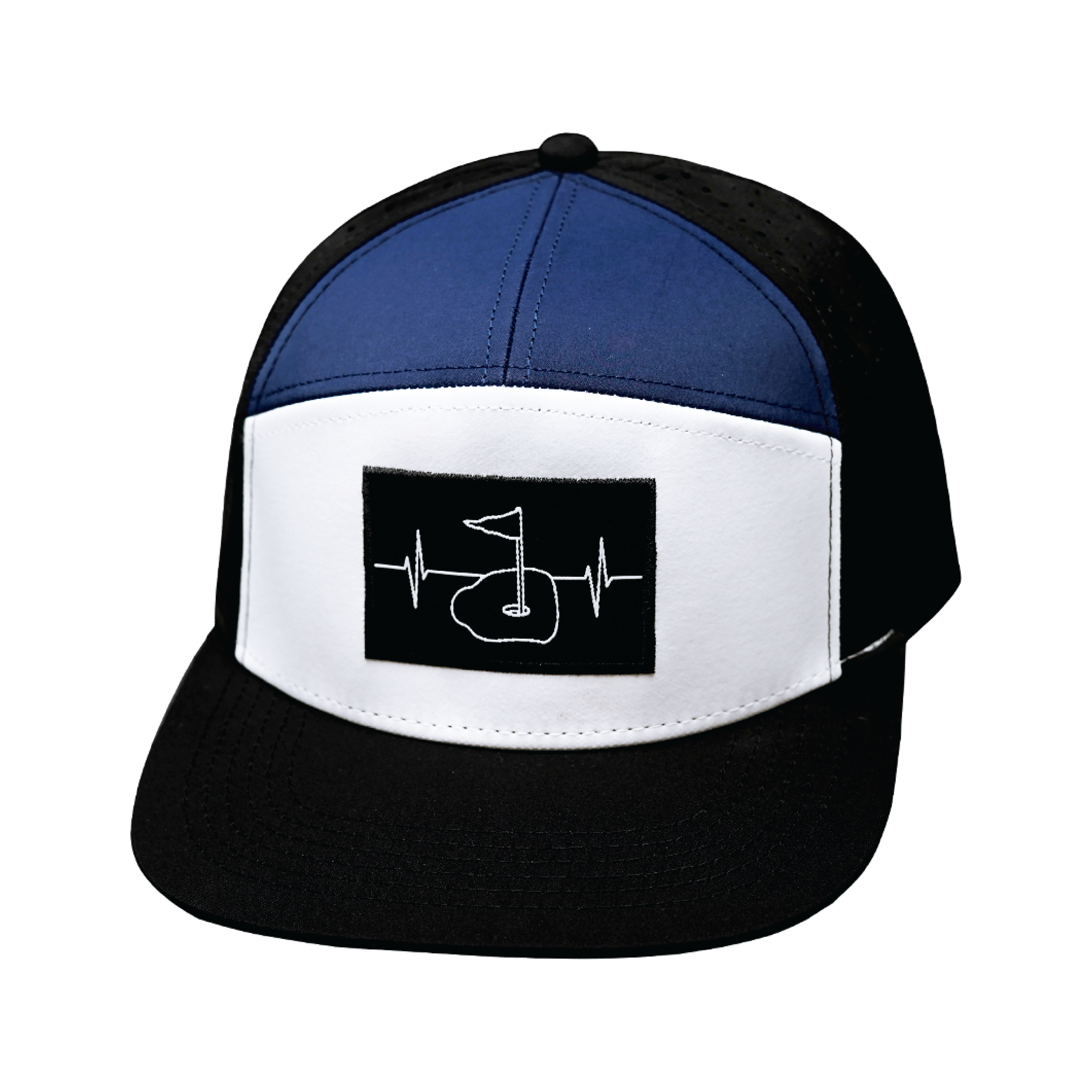 Golf Hat - Flat Bill - Black / White / Navy - Laser Mesh