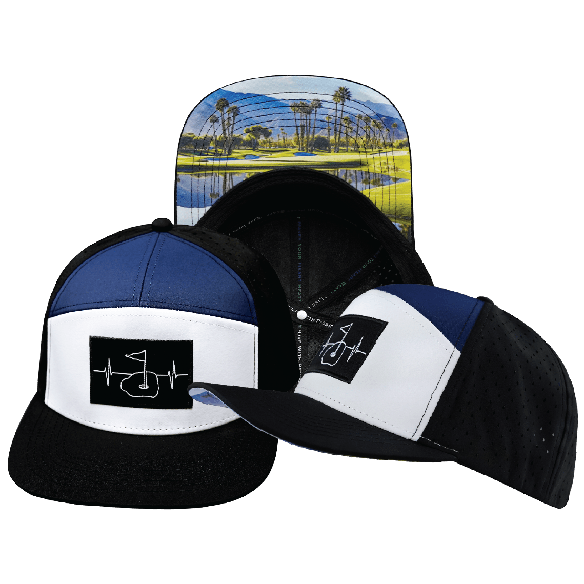 Golf Hat - Flat Bill - Black / White / Navy - Laser Mesh