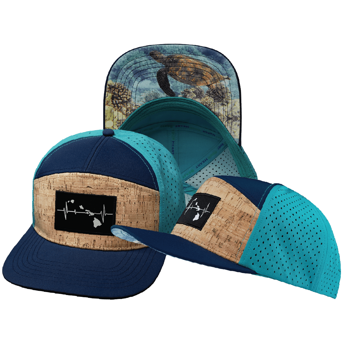 Hawaii Hat - Flat Bill - Cork - Navy / Teal - Laser Mesh