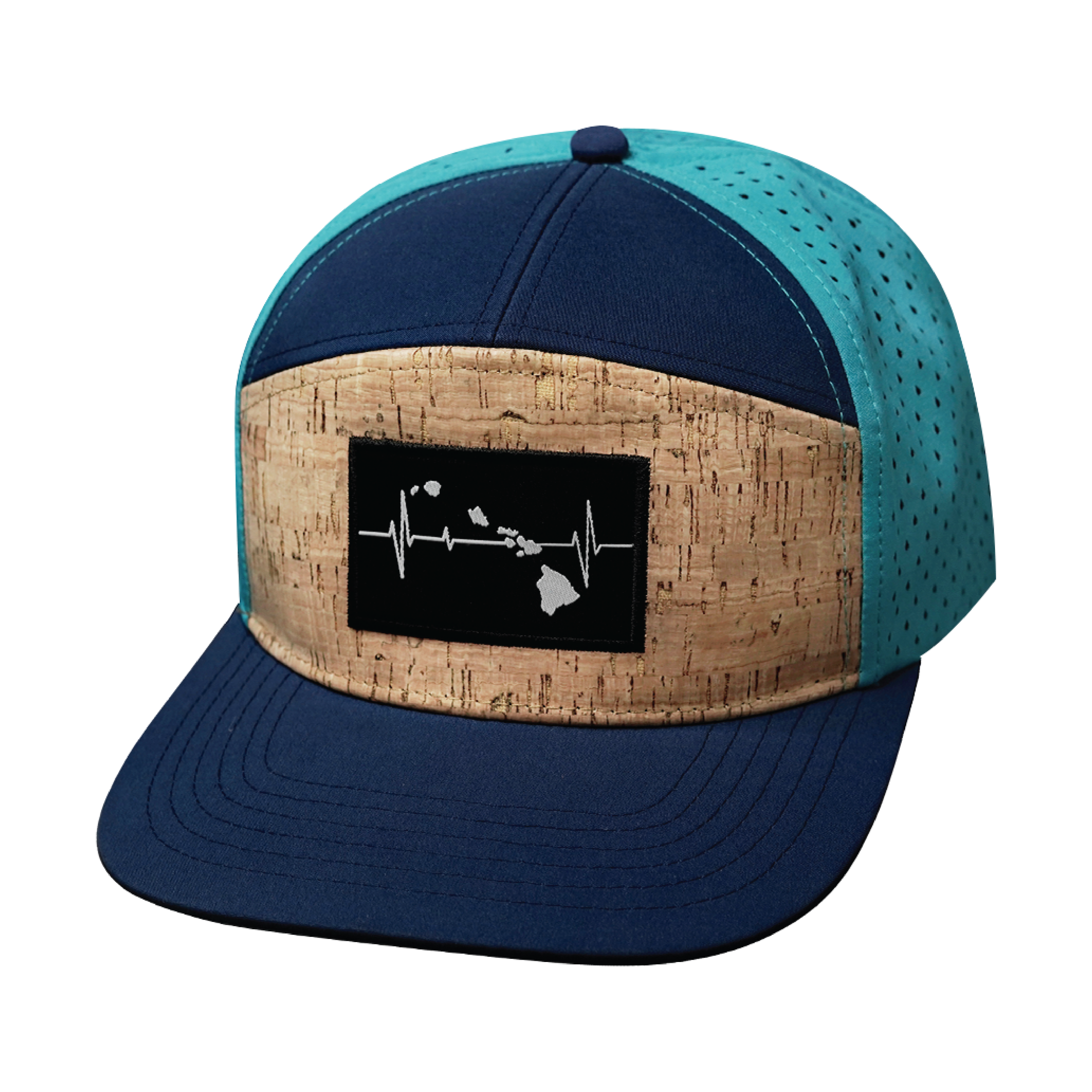 Hawaii Hat - Flat Bill - Cork - Navy / Teal - Laser Mesh
