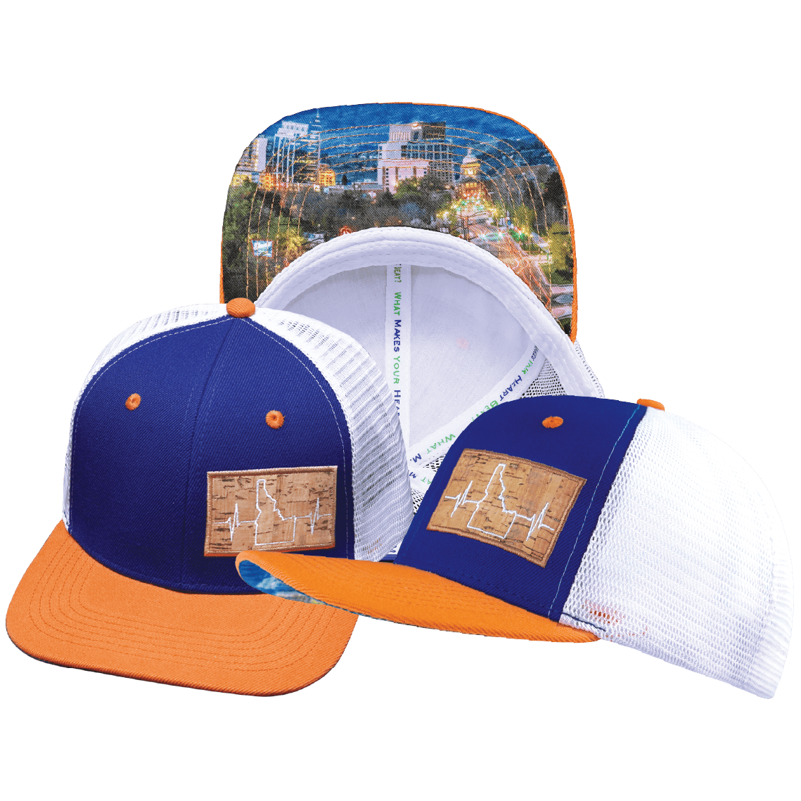 Idaho Hat - Baseball Hat Fit - Orange / Royal Blue / White - Trucker Mesh
