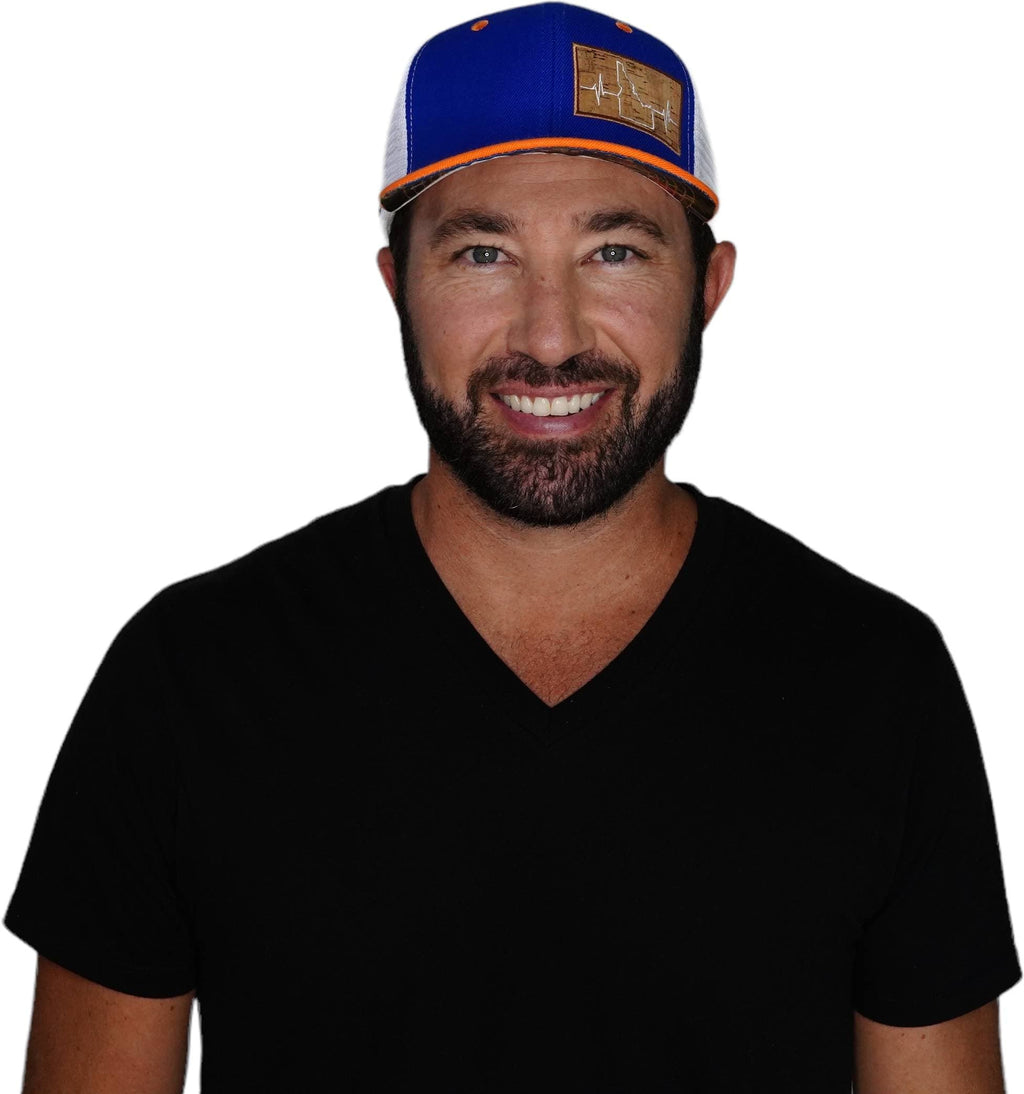 Idaho Hat - Baseball Hat Fit - Orange / Royal Blue / White - Trucker Mesh