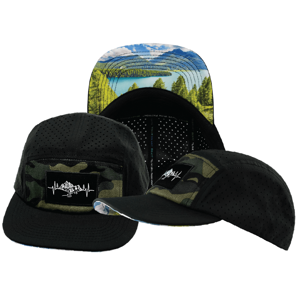 Mountains Hat - 5 Panel - Black / Green Camo - Laser Mesh