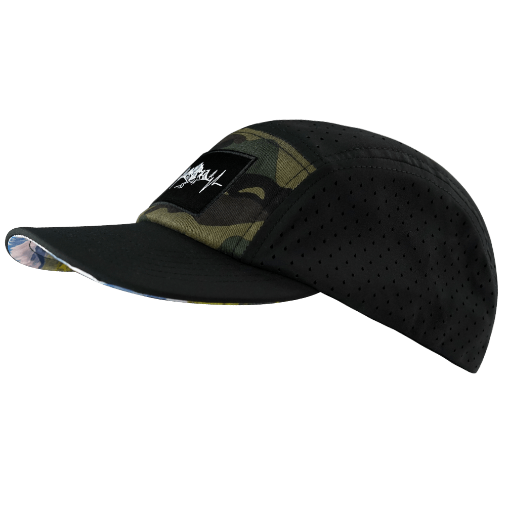 Mountains Hat - 5 Panel - Black / Green Camo - Laser Mesh