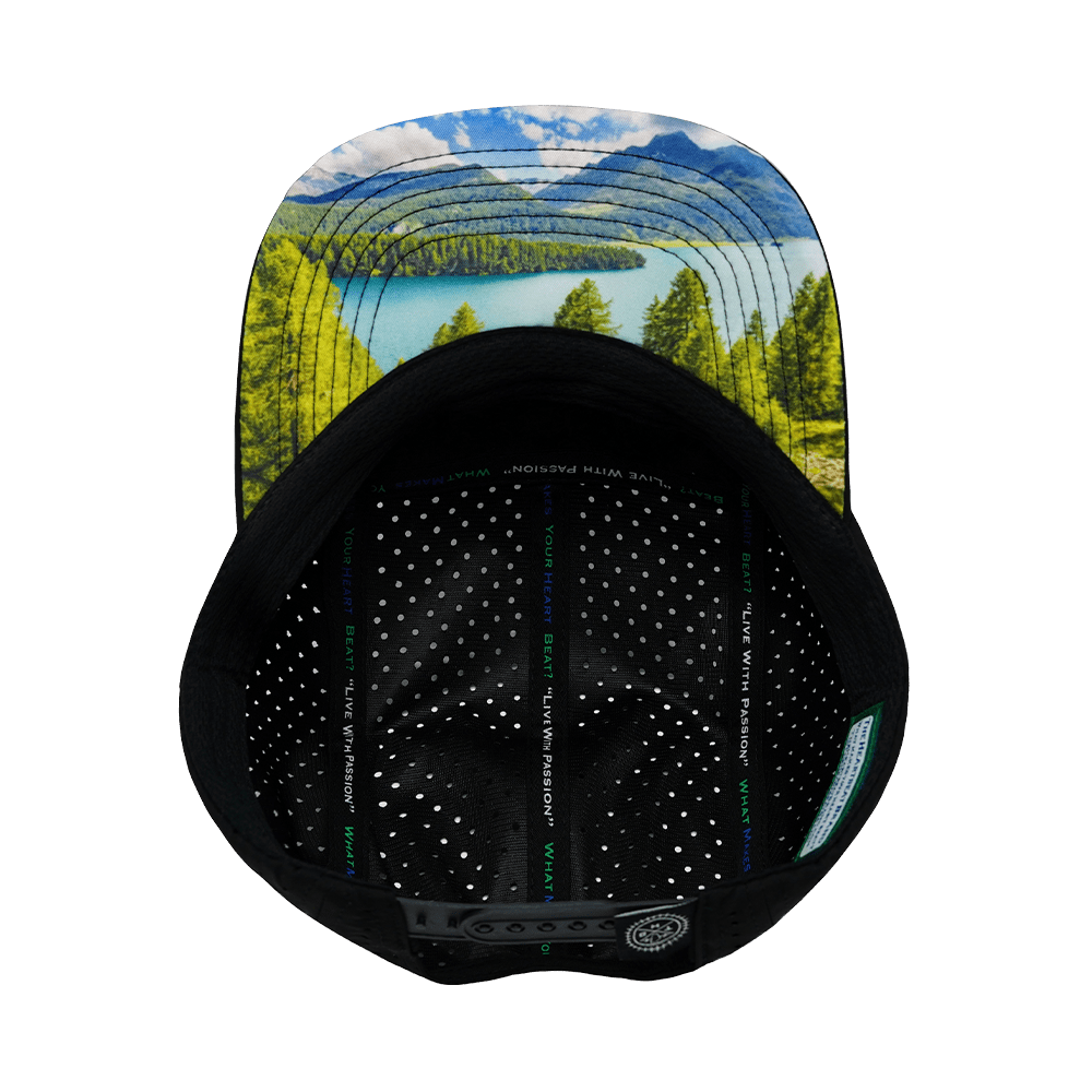 Mountains Hat - 5 Panel - Black / Green Camo - Laser Mesh