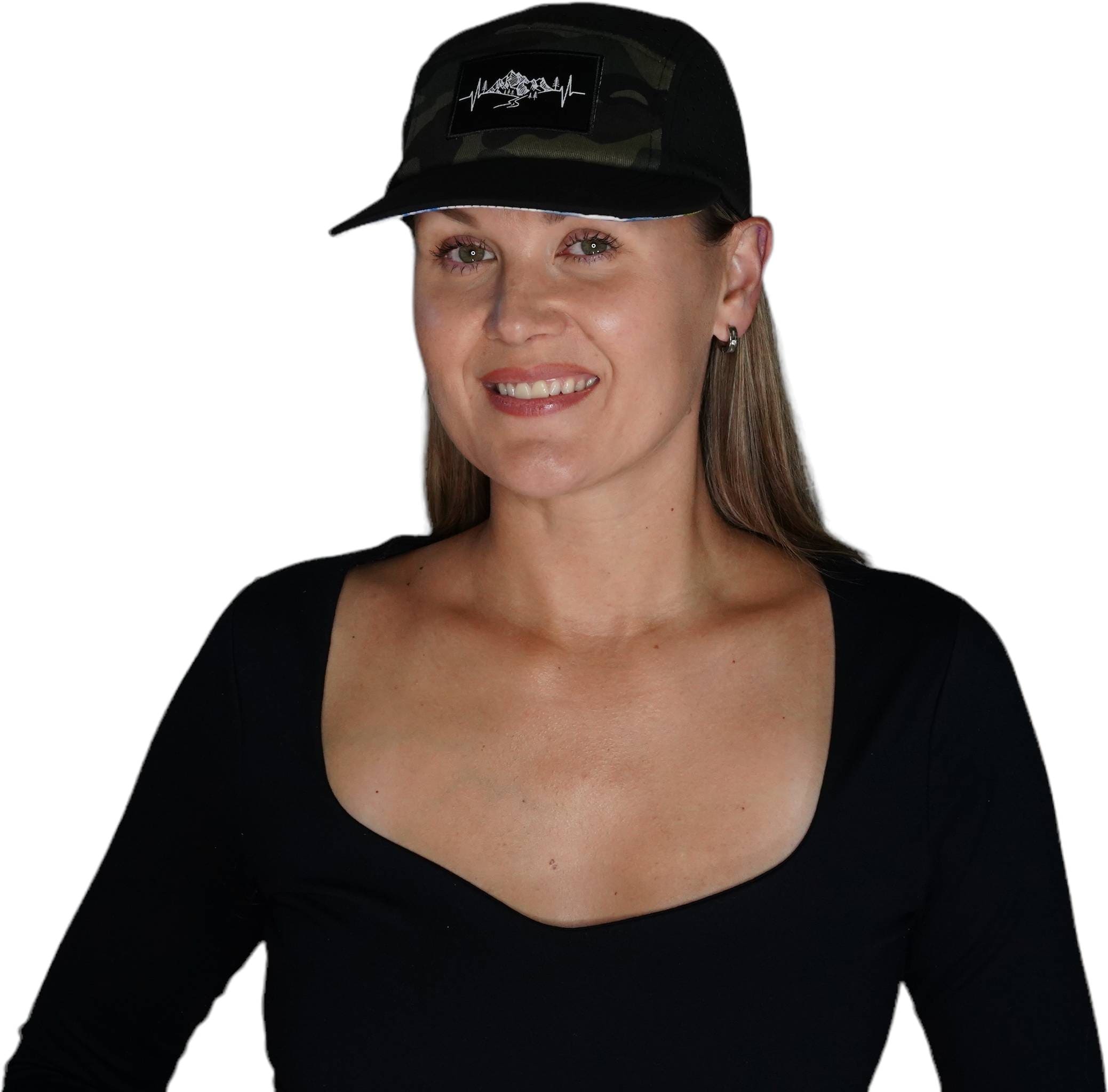 Mountains Hat - 5 Panel - Black / Green Camo - Laser Mesh